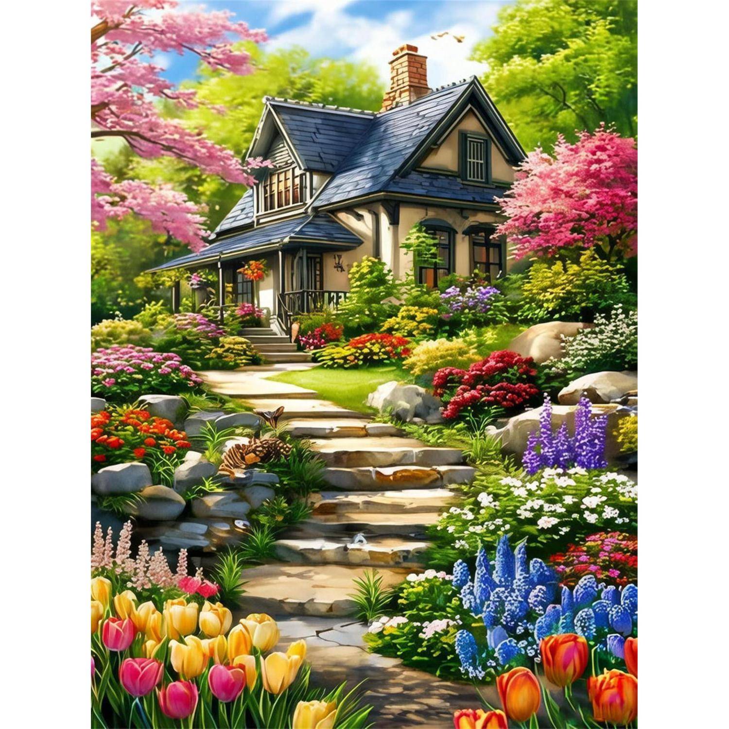 Ein gemütliches Häuschen mit einem Steinweg und Stufen, umgeben von üppigen Frühlingsgärten und farbenfrohen blühenden Blumen unter hellen Bäumen.