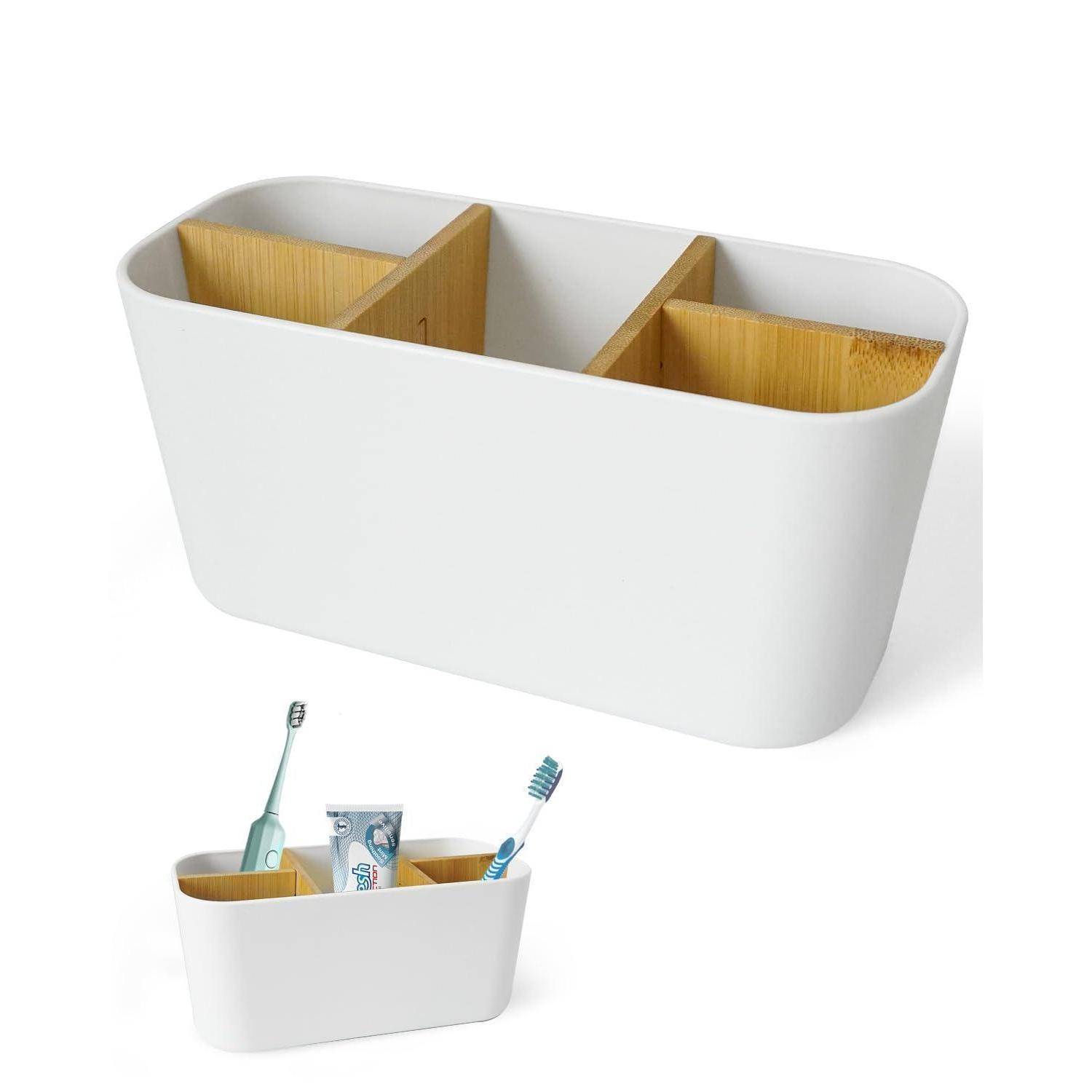 Weißer Arbeitsflächenorganizer mit drei Bamboo-Fächern, in zwei Größen dargestellt, wird verwendet zum Aufbewahren von Badezimmerutensilien wie Zahnbürsten und Zahnpasta.