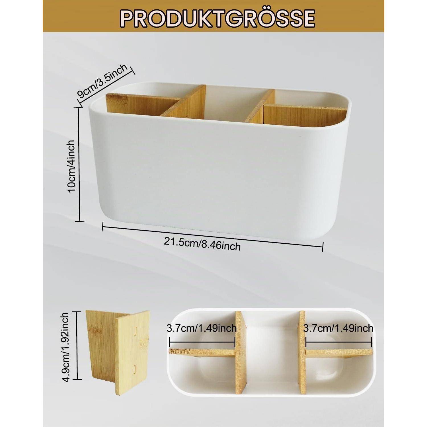 Produktgrößendiagramm für ein weißes geteiltes Lagerbehältnis: 21,5 cm breit, 10 cm hoch, 9 cm tief, mit internen Teilerteilen 4,9 cm und 3,7 cm.