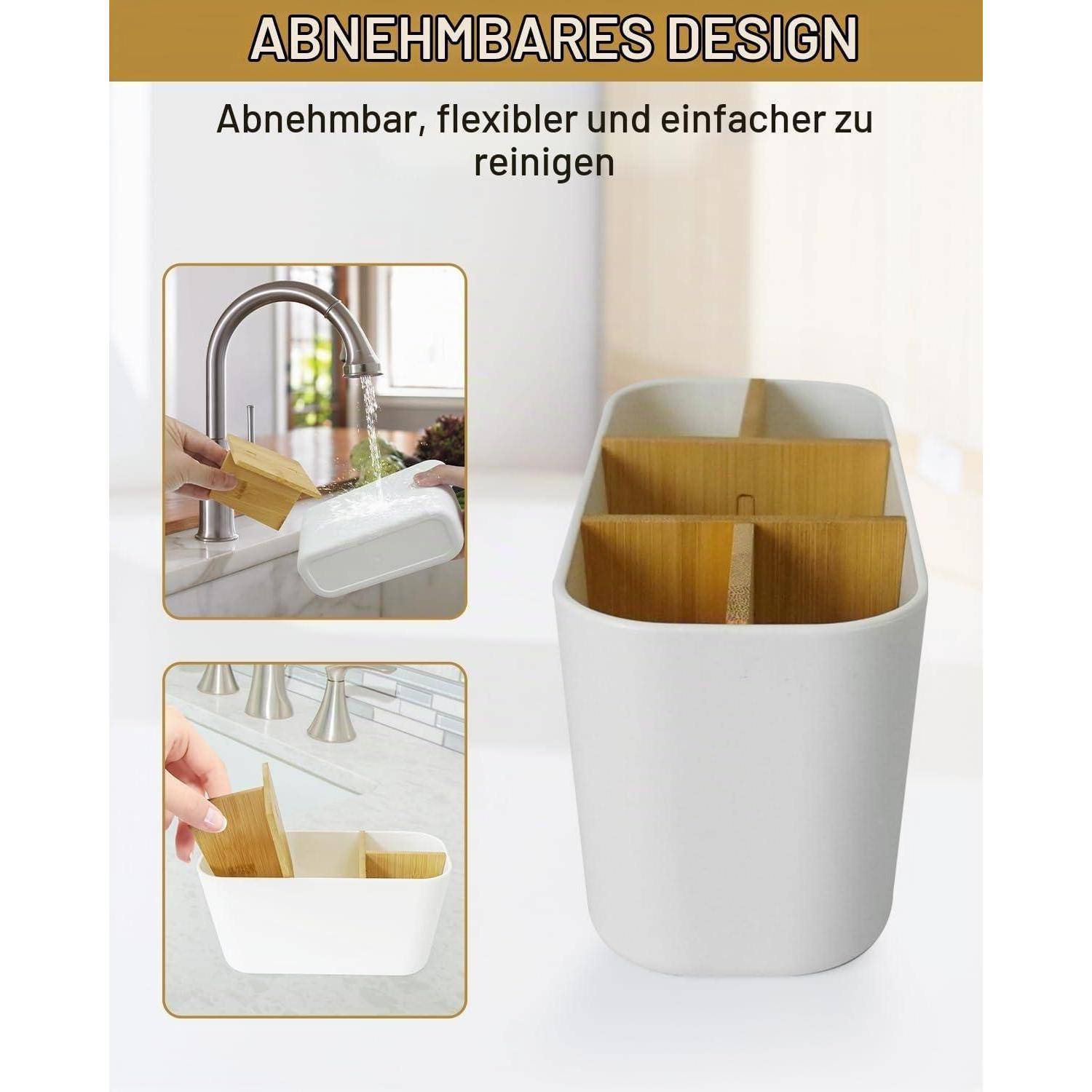 Abnehmbares Küchenspülbecken-Caddy, gezeigt mit ablaufendem Wasser und Fächern für Reinigungswerkzeuge; deutscher Text sagt „Abnehmbares Design