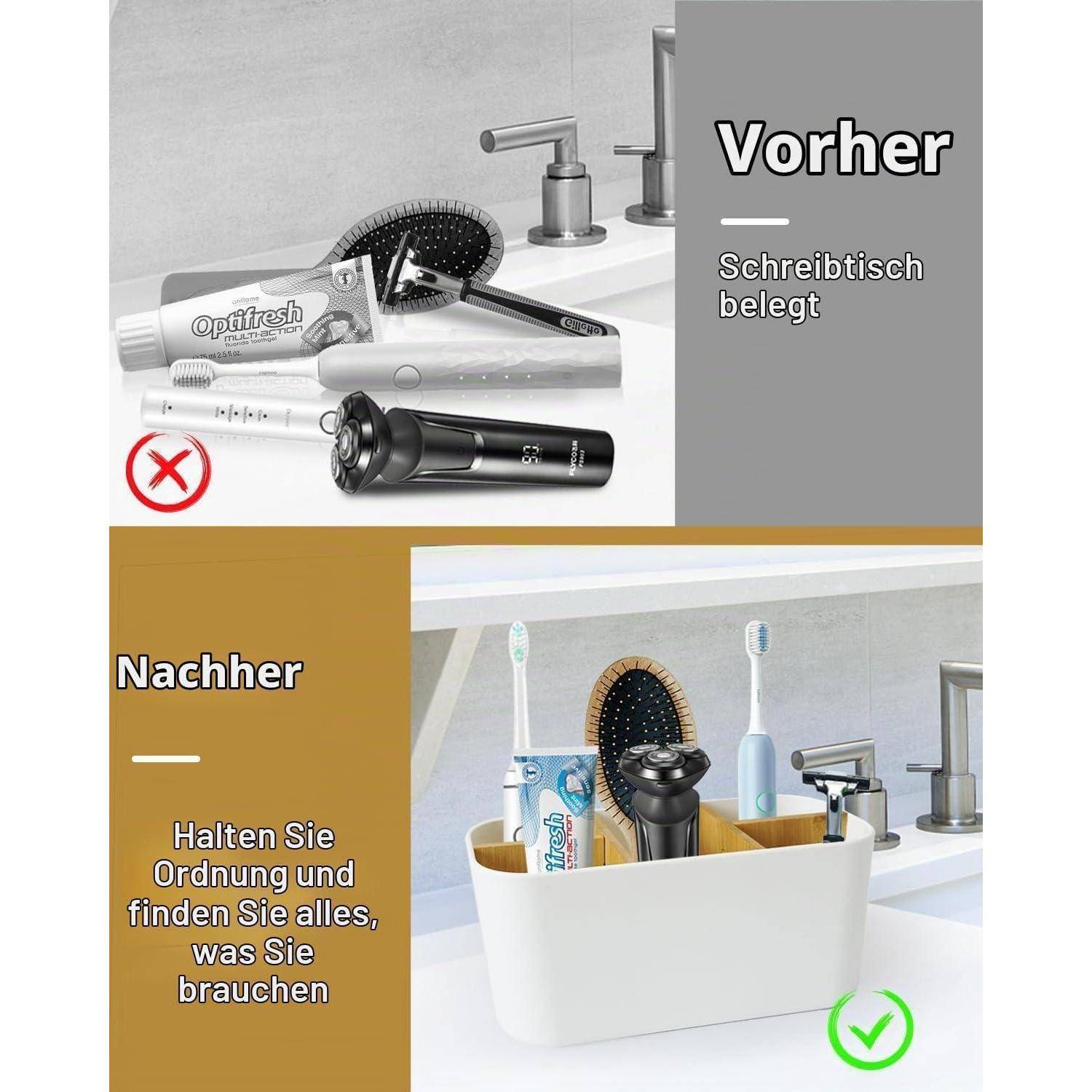 Vorher-und-nachher Badezimmerspülen-Organisation: oben zeigt die unordentliche Arbeitsplatte mit „falsch