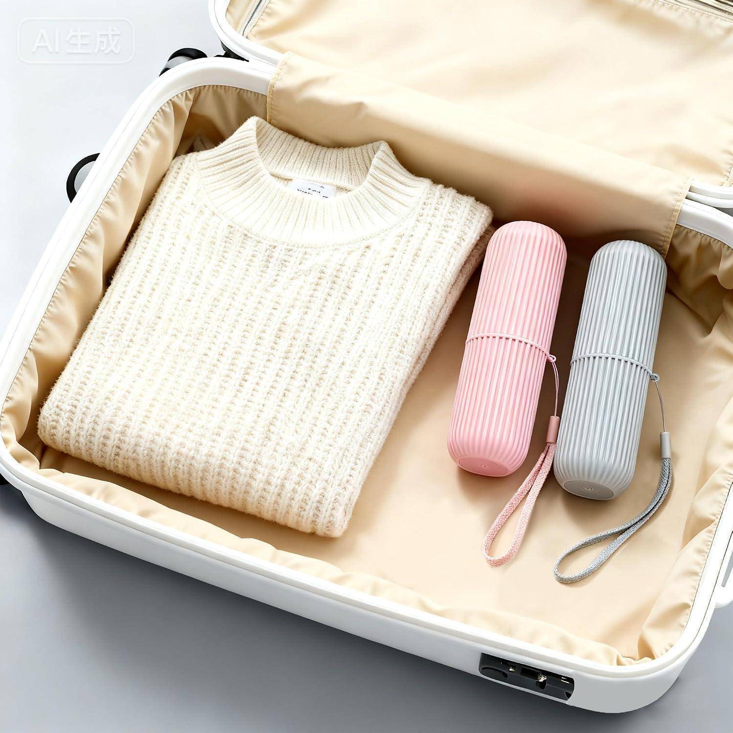 Offener Koffer mit einem gefalteten cremefarbenen Pullover und zwei gerippten zylindrischen Behältern, rosa und grau, auf einer beigen Auskleidung.