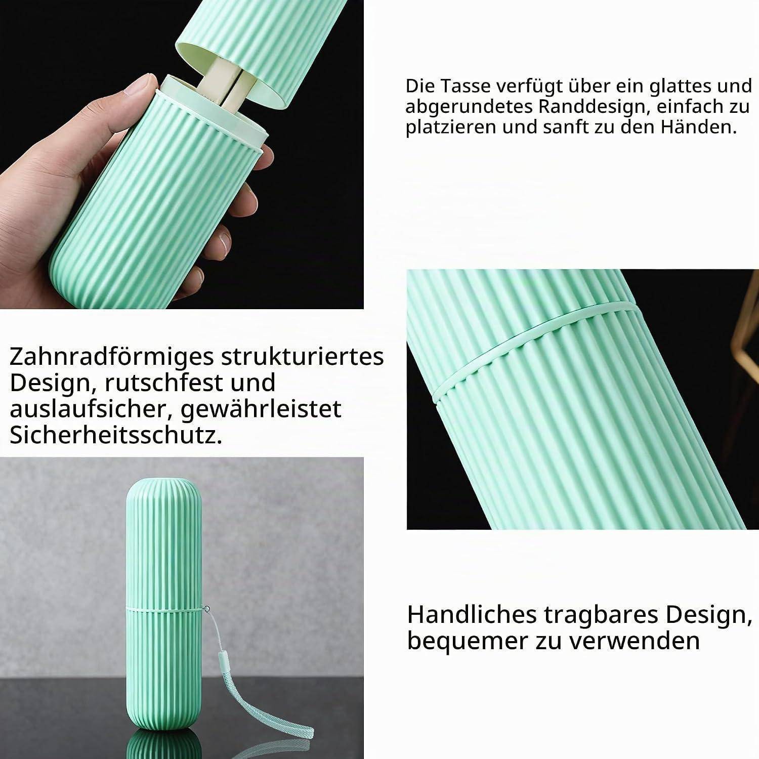 Collage einer mintgrünen, gerippten tragbaren Tasse mit Deckel, in Hand und Nahaufnahme dargestellt; deutscher Text hebt das rutschfeste, auslaufsichere, leicht zu haltende Design hervor.