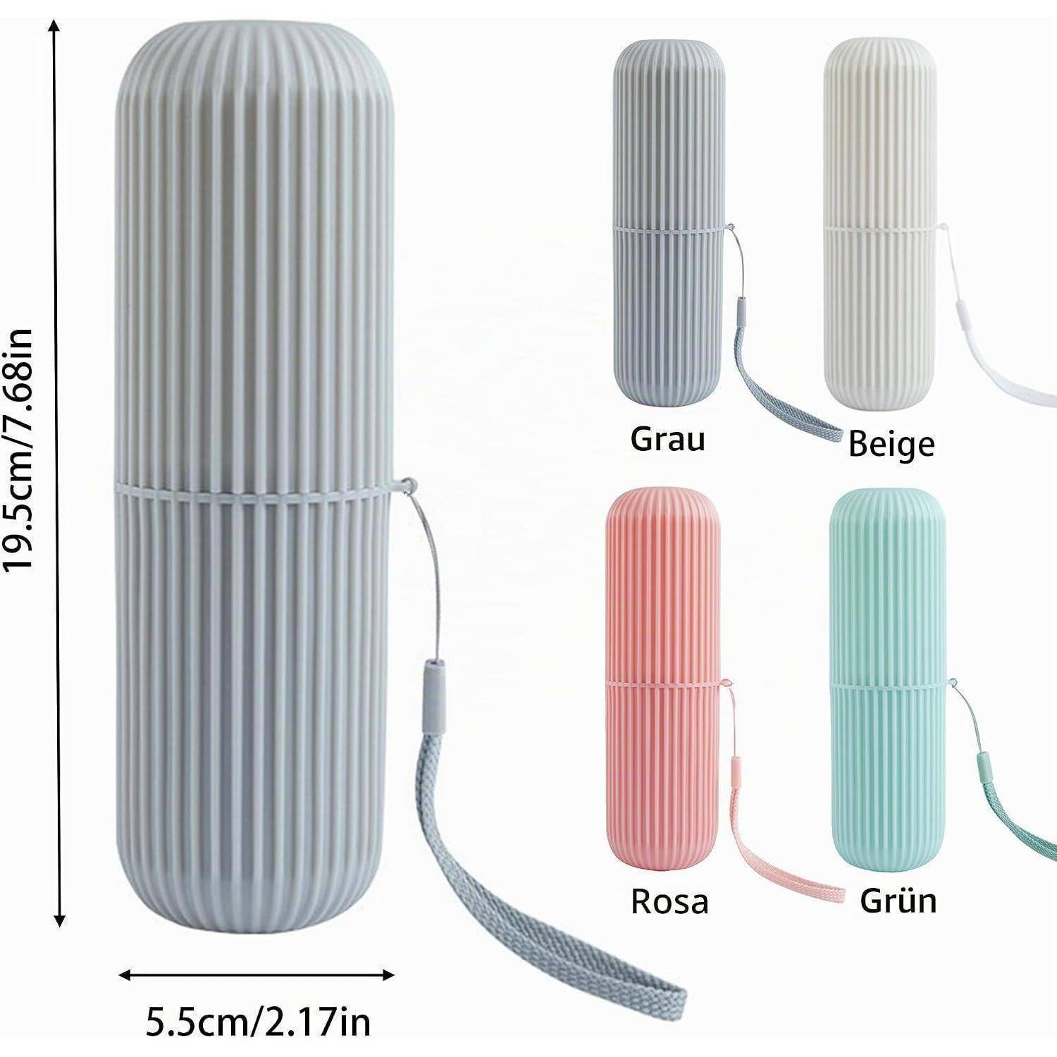 Illustriertes Produktbild eines gerippten zylindrischen Gehäuses, 19,5 cm hoch und 5,5 cm breit, in Grau, Beige, Rosa und Grün gezeigt mit angebrachtem Trageriemen.
