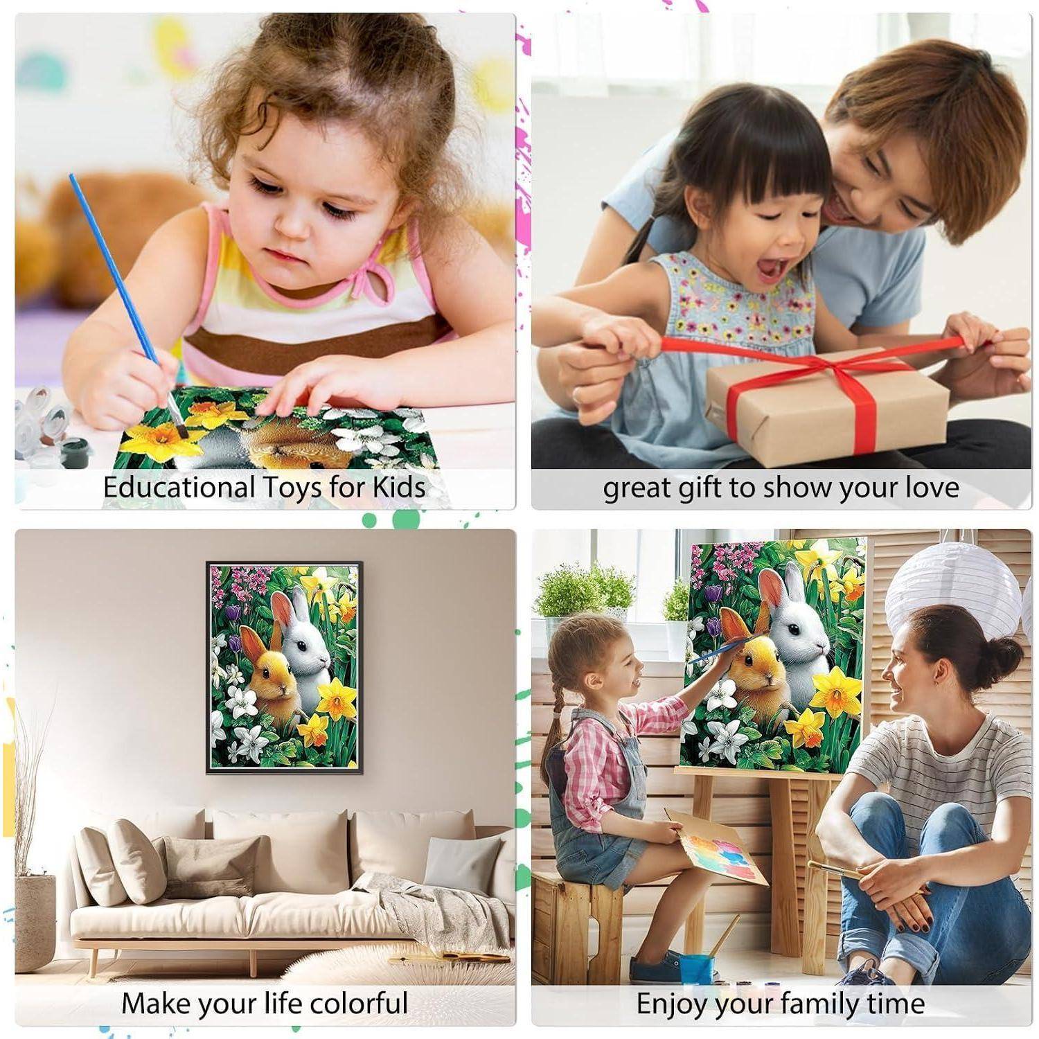 Vier-Panel-Collage: Kinder malen, packen ein Geschenk aus und genießen ein Hasen-Gemälde zu Hause, mit den Unterschriften „Lernspielzeug für Kinder