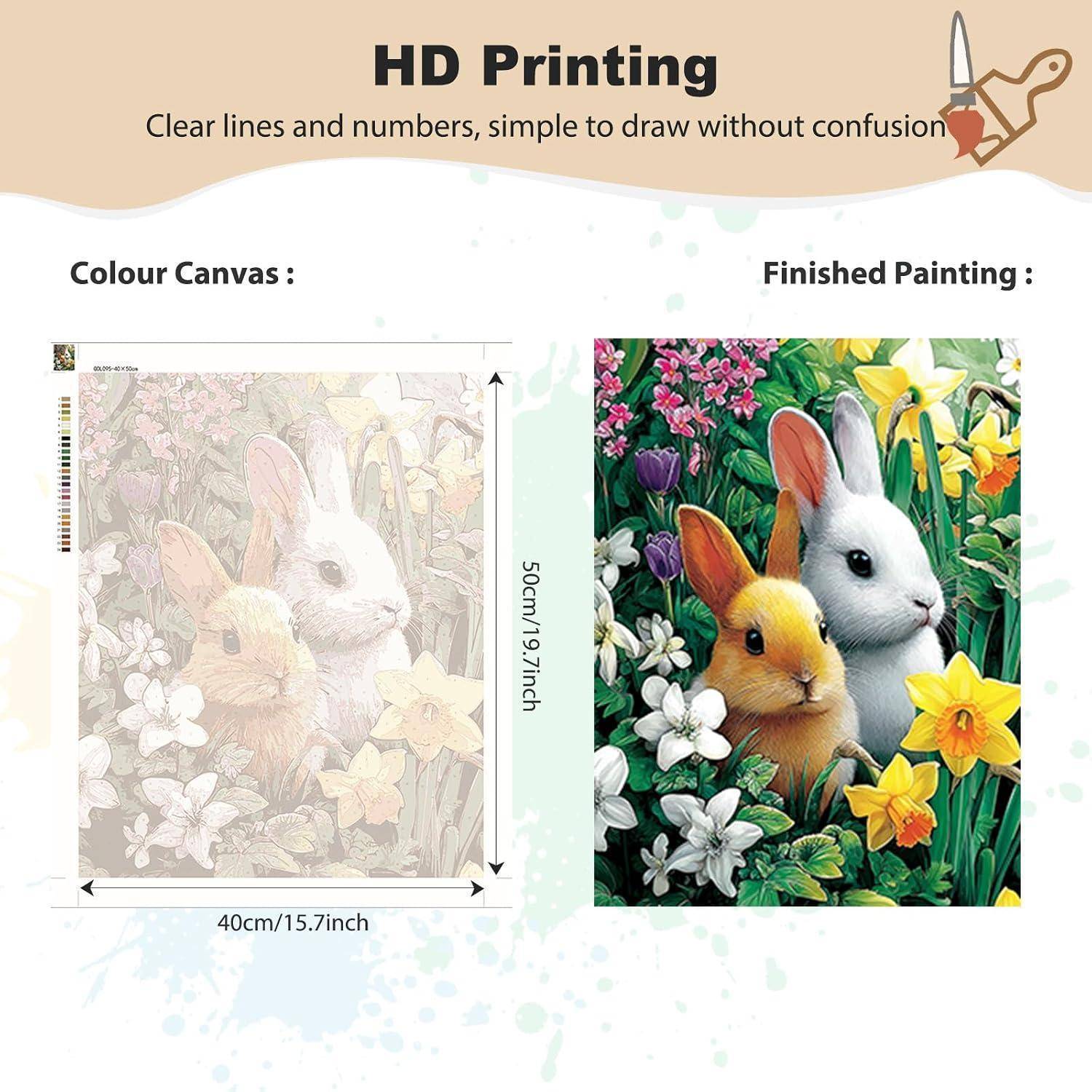 Produktpromo mit einer Malen-nach-Zahlen-Leinwand neben dem fertig gemalten Bild von zwei Kaninchen zwischen Blumen, mit einer angezeigten Größe von 40 cm × 50 cm.