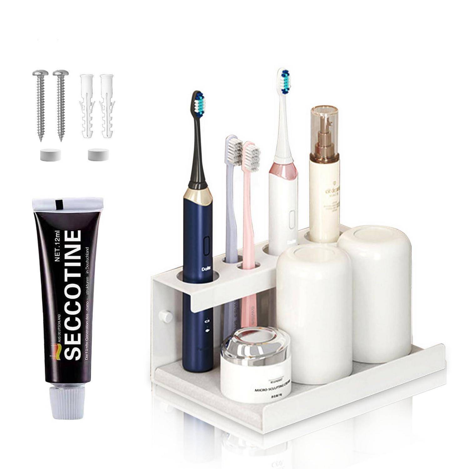 Badezimmer-Arbeitsplatte-Organizer, der elektrische Zahnbürsten, eine manuelle Zahnbürste, einen Rasierer und Behälter hält, mit Wandbefestigungsschrauben und einer Tube Secotine-Kleber daneben abgebildet.