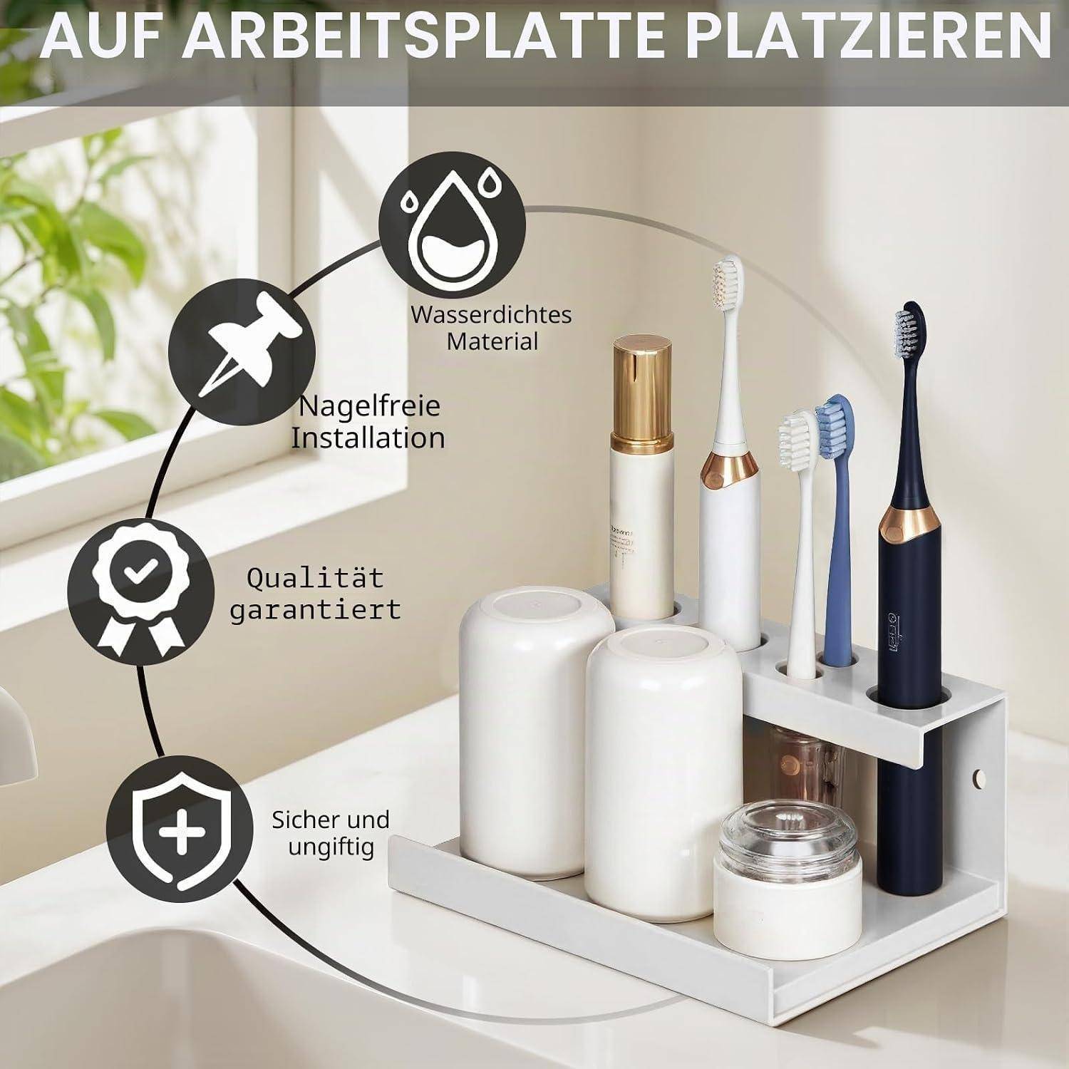 Badezimmer-Zahnbürstenhalter für die Arbeitsplatte mit elektrischen und manuellen Zahnbürsten, Zahnpasta und Behältern; deutsche Beschriftungen heben wasserdicht, nagelfrei Installation, Qualität und sichere Materialien hervor.