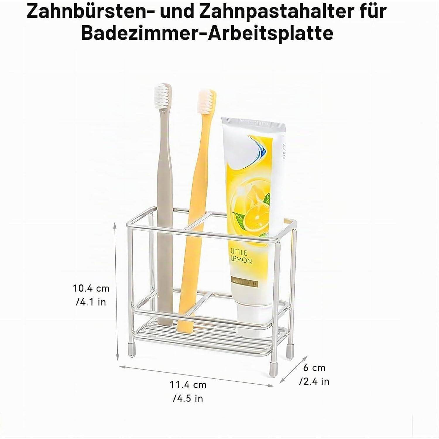 Metall-Zahnbürsten- und Zahnpastahalter für Badezimmer-Waschtisch, mit den Abmessungen 10,4 cm Höhe, 11,4 cm Breite und 6 cm Tiefe.