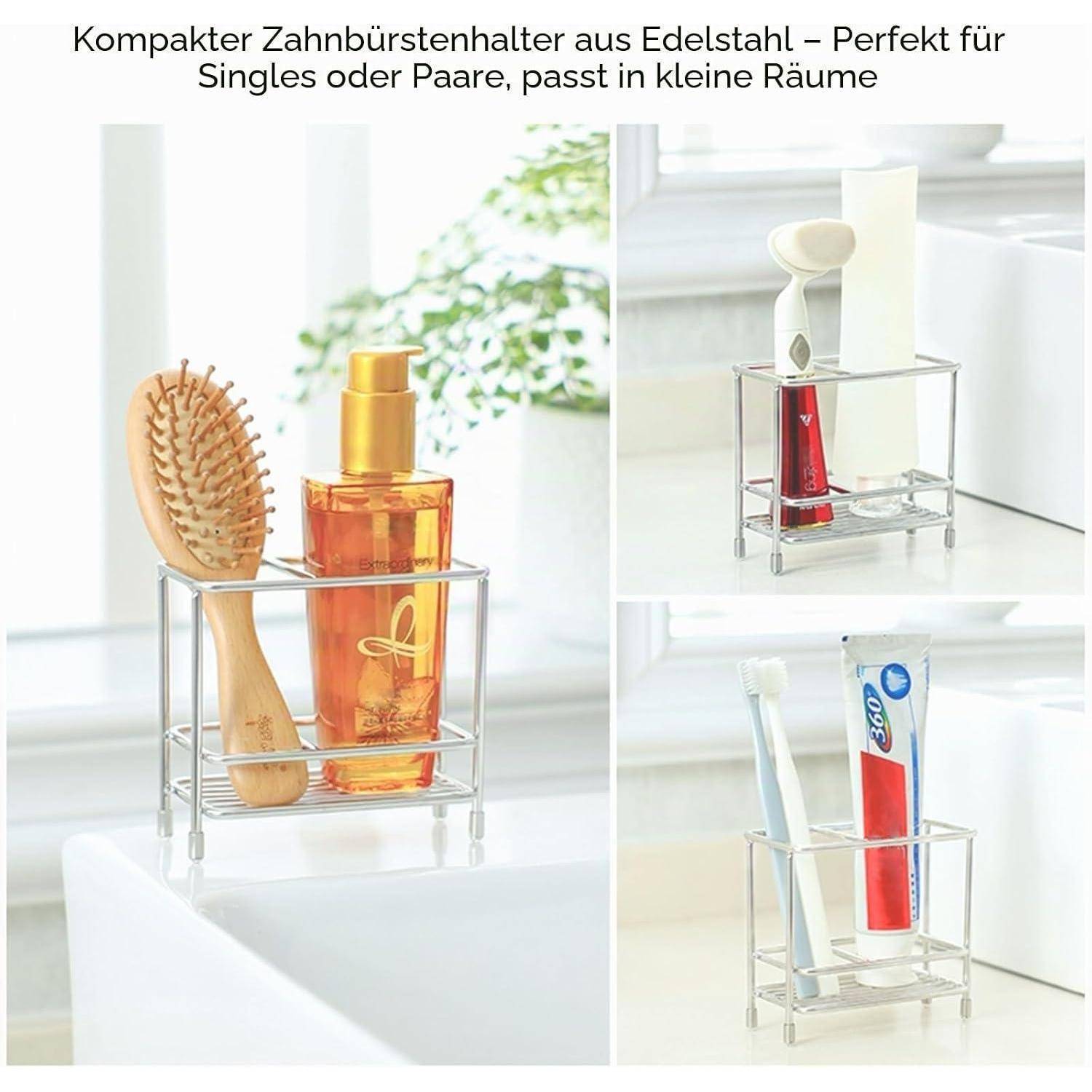 Collage eines kompakten Zahnbürstenhalters aus Edelstahl in kleinen Räumen, der Zahnbürsten und eine Zahnpastatube hält; die Überschrift besagt, dass er ideal für Singles oder Paare ist.