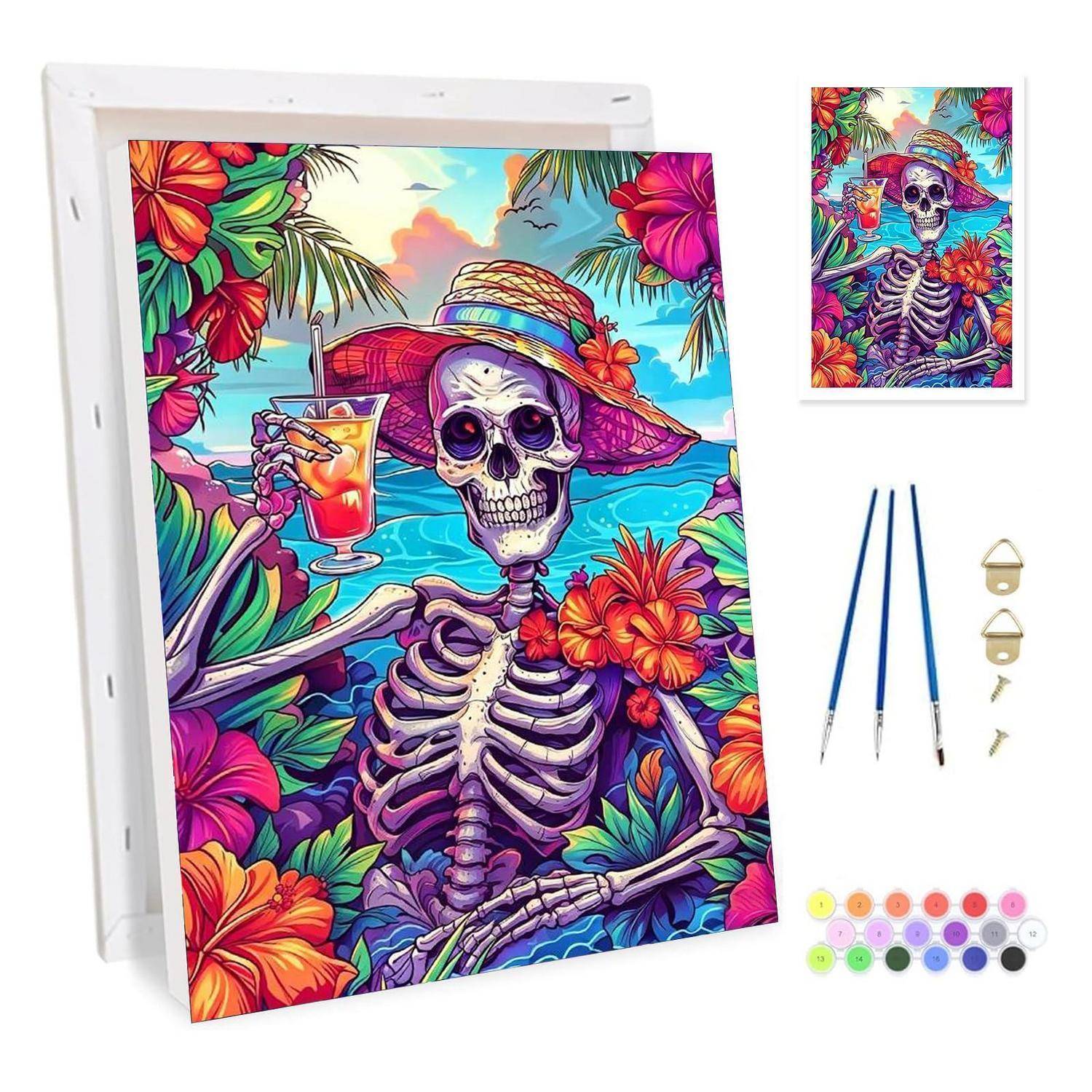 Malen-nach-Zahlen-Set mit einem bunten Skelett in einem Hut, das einen Cocktail an einem tropischen Strand hält, mit Pinseln, Aufhängern und Farbdosen neben der Leinwand dargestellt.