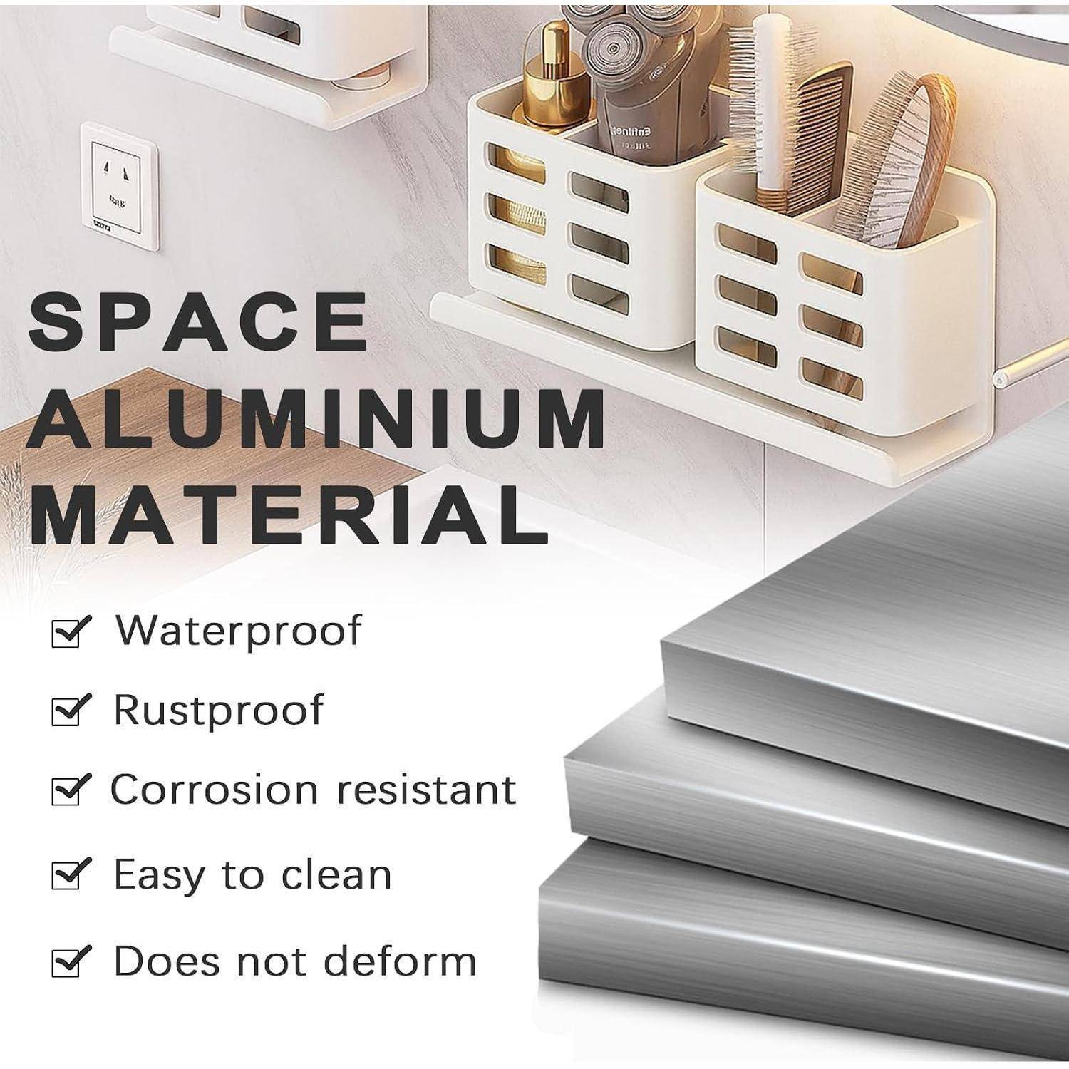 Werbegrafikfür Aluminium-Raummaterial, das Badezimmer-Organisierregale und gestapelte Metallbleche zeigt, mit Aussagen: wasserdicht, rostfrei, korrosionsbeständig, leicht zu reinigen, verformt sich nicht.