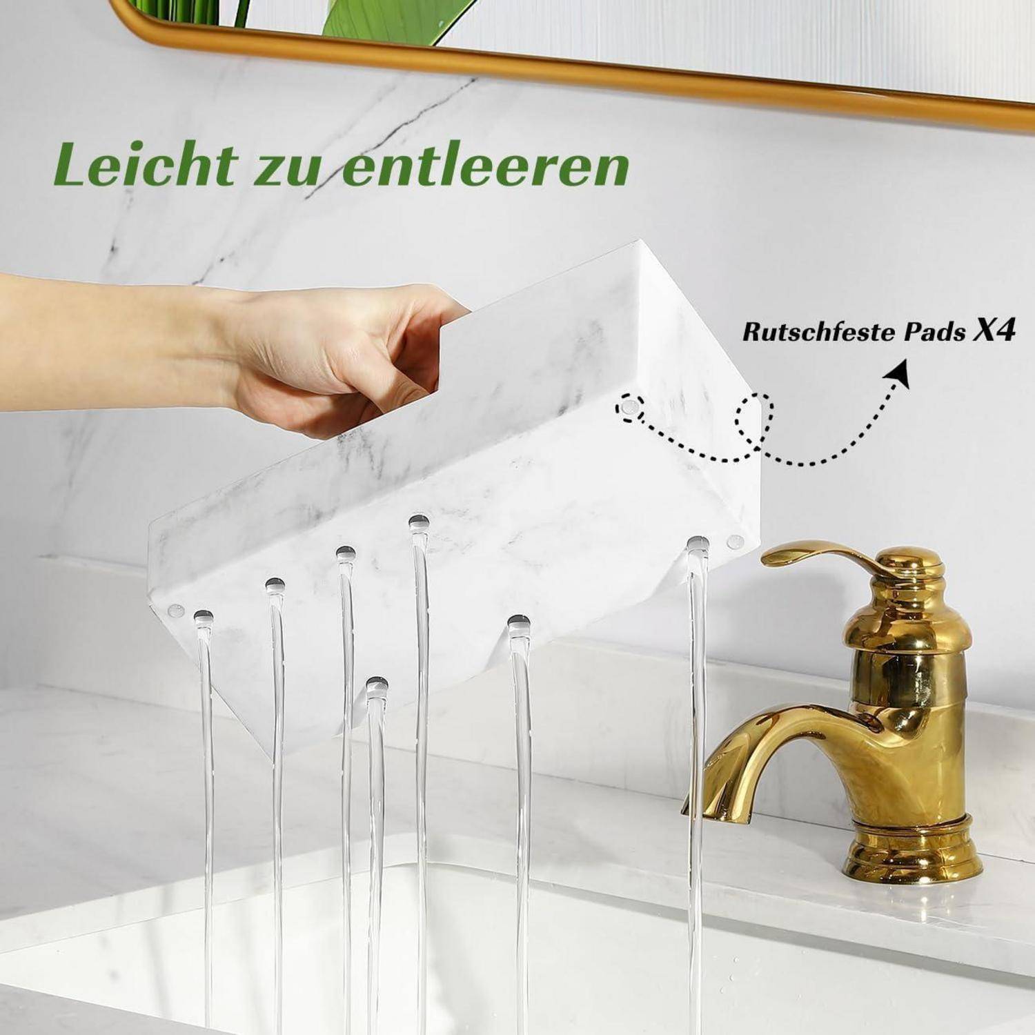 Die Hand hebt einen marmorierten Badorganizer; der Text sagt 