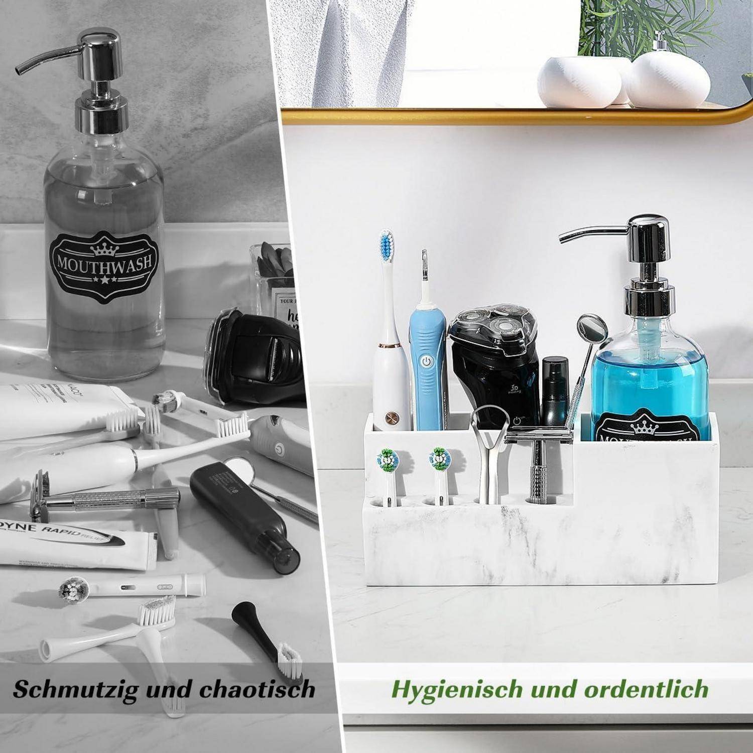 Geteiltes Bild, das eine schmutzige, ungeordnete Badezimmerablage mit verstreuten Zahnbürsten und Mundwasser mit einem ordentlichen, organisierten Behälter mit Toilettenartikeln vergleicht, beschriftet mit „Schmutzig und chaotisch