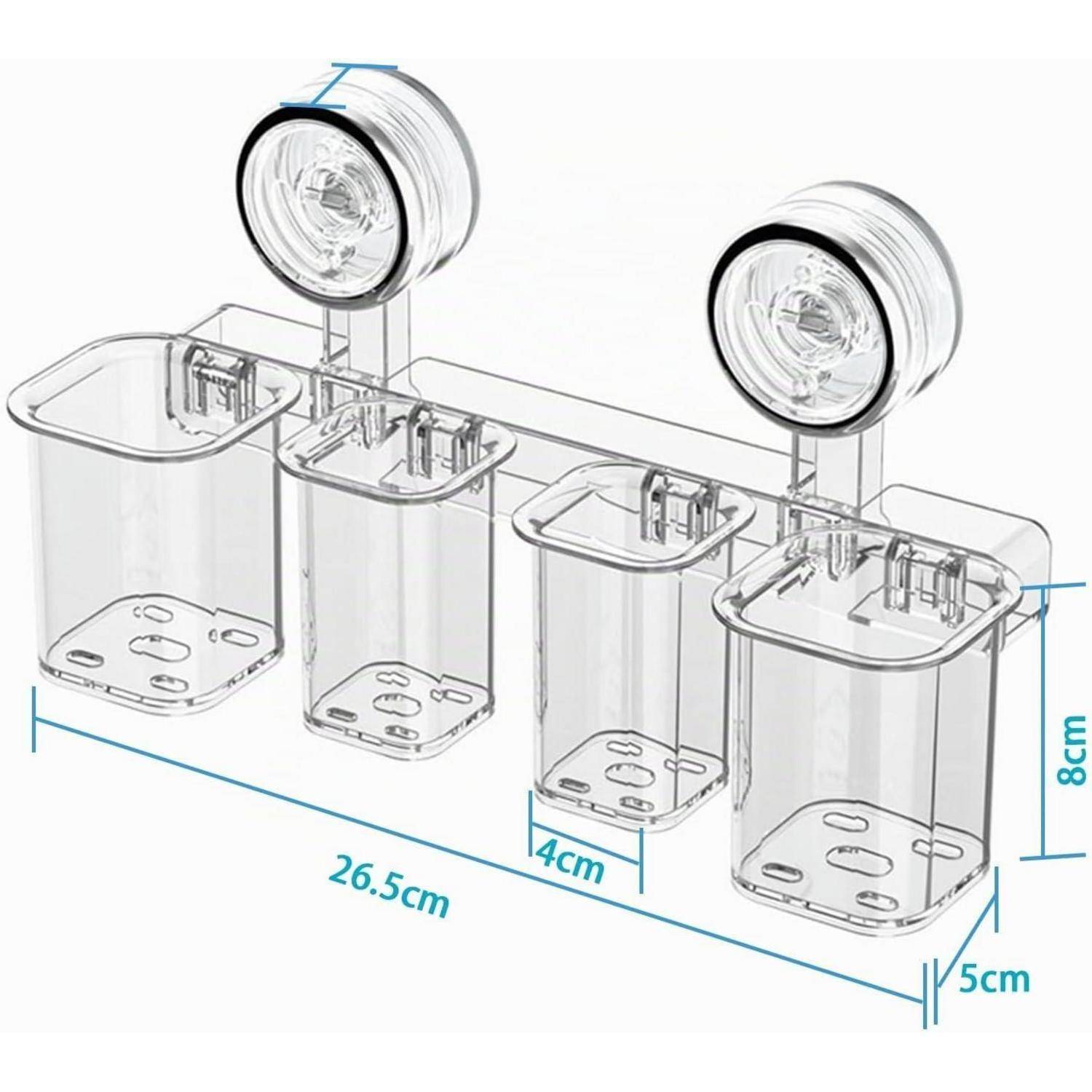 Illustration eines transparenten, wandmontierten Vier-Tassenhalters mit Saugnäpfen, wobei die Abmessungen 26,5 cm breit, 8 cm hoch und 5 cm tief sind; jeder Tassenbereich ist 4 cm voneinander entfernt.