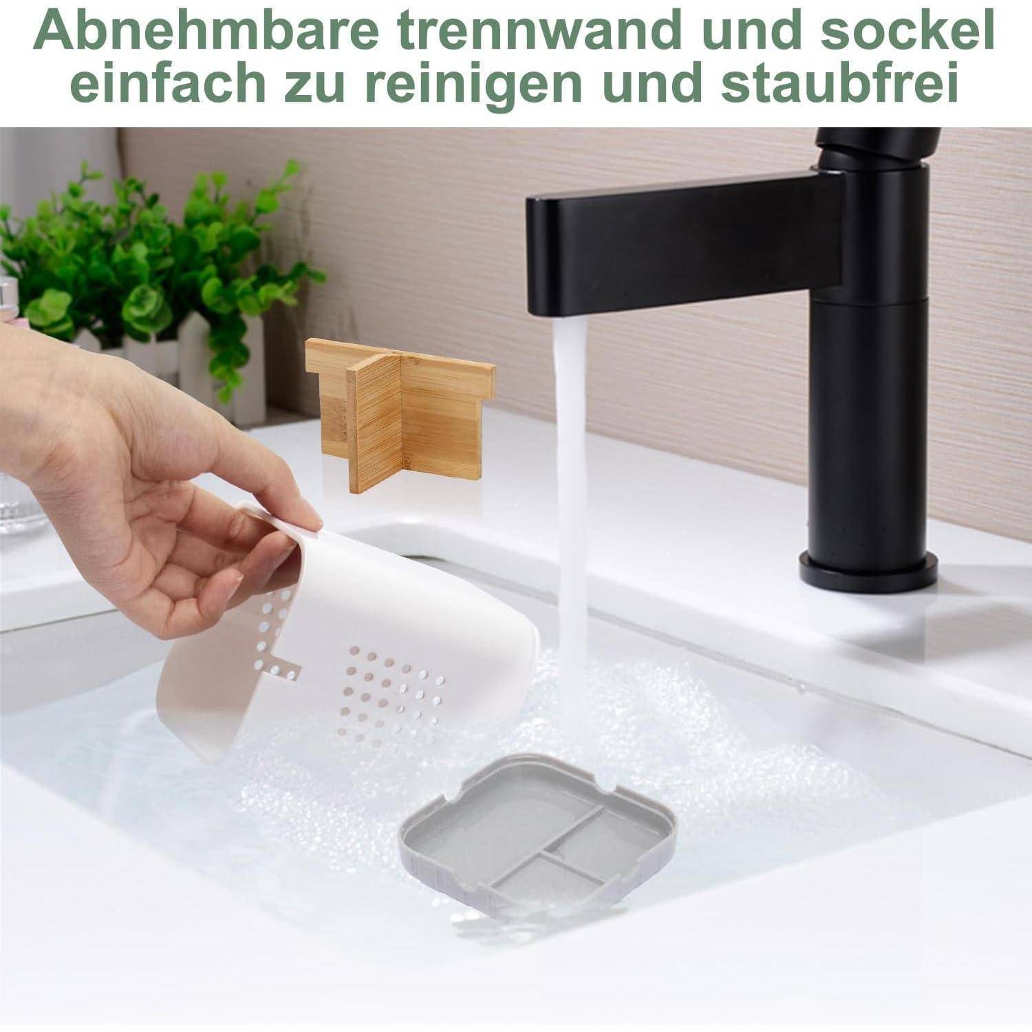 Hand entfernt eine Spülbeckenablaufabdeckung unter einem laufenden Wasserhahn und zeigt eine leicht zu reinigende abnehmbare Falle und Basis; der deutsche Text besagt, dass sie leicht zu reinigen und staubfrei zu halten ist.