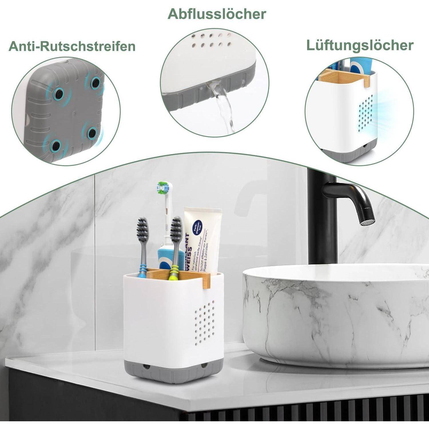 Weißer Badezimmer-Arbeitsplatte Organizer neben einem Waschbecken, mit eingefügten Bildunterschriften, die Rutschfeststreifen, Drainagelöcher und Belüftungslöcher zeigen.