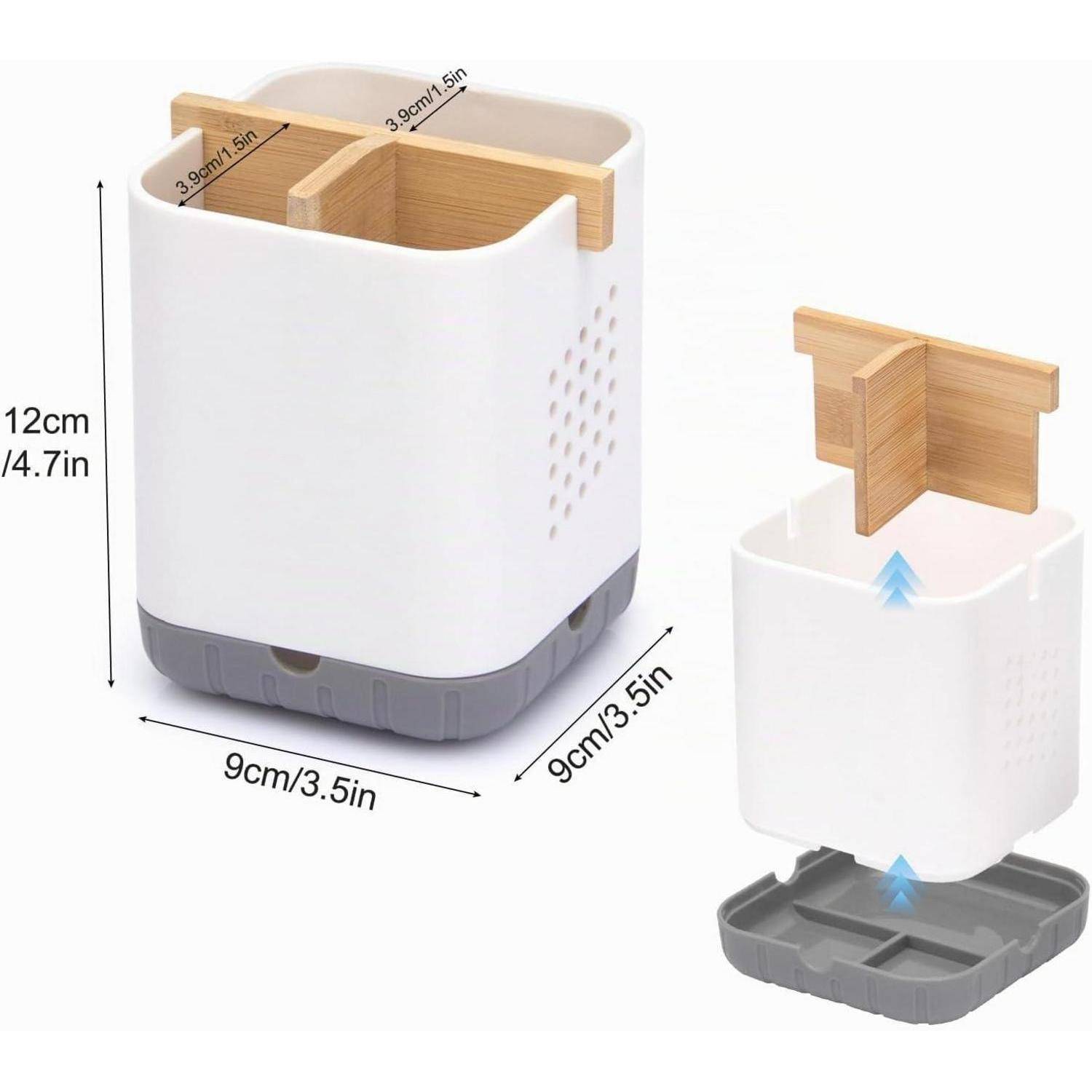 Explodierte Produktansicht eines weißen quadratischen Aufbewahrungsbehälters von 9 cm mit grauer Basis und Bamboo-Trenneinlage, die 12 cm Höhe und 3,5 Zoll Abmessungen zeigt.