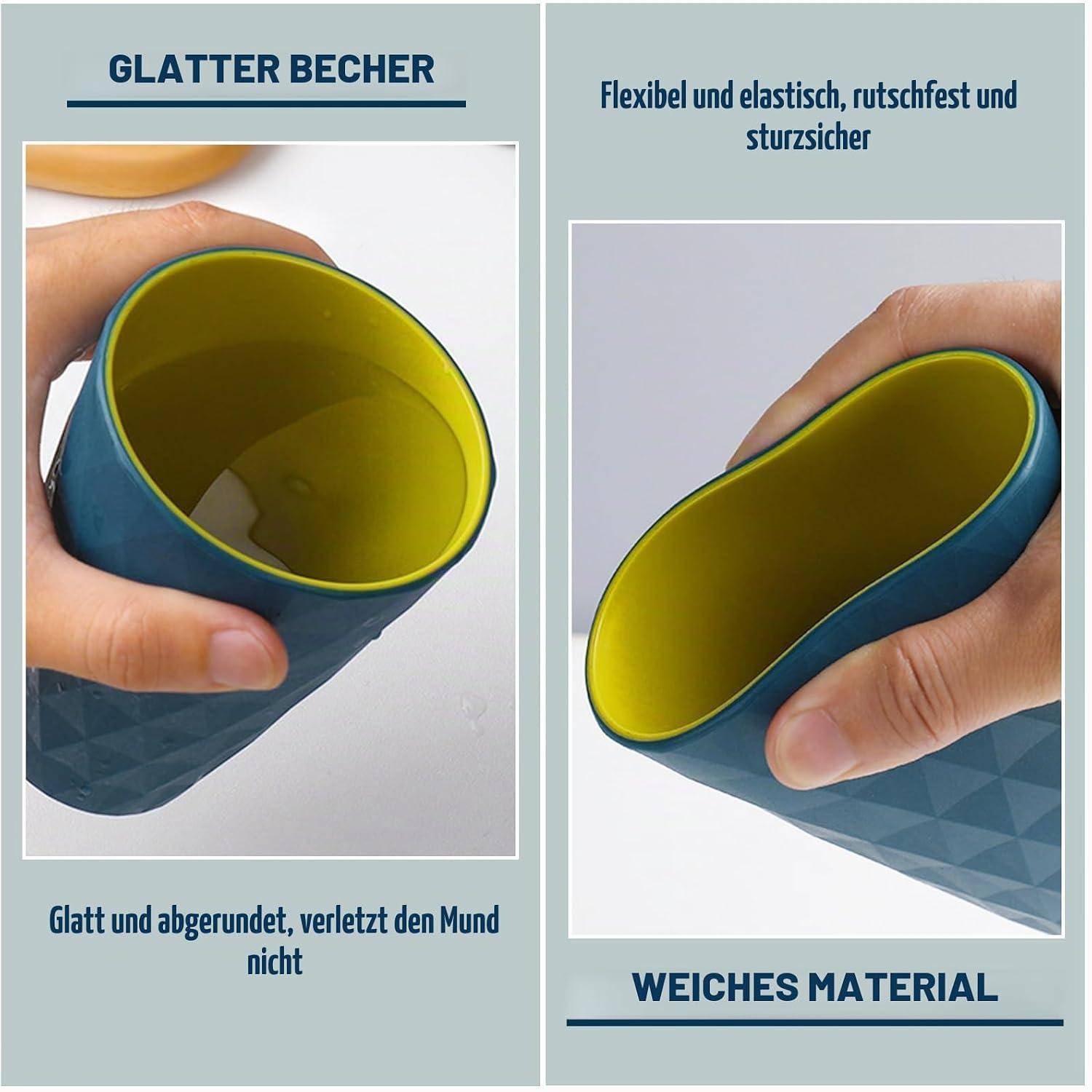 Werbegrafik einer flexiblen blau-gelben Tasse, die in einer Hand gehalten wird und zeigt, dass sie sich biegen kann, ohne zu brechen; deutscher Text hebt die glatte Kante, das weiche Material und die Rutschfestigkeit hervor.