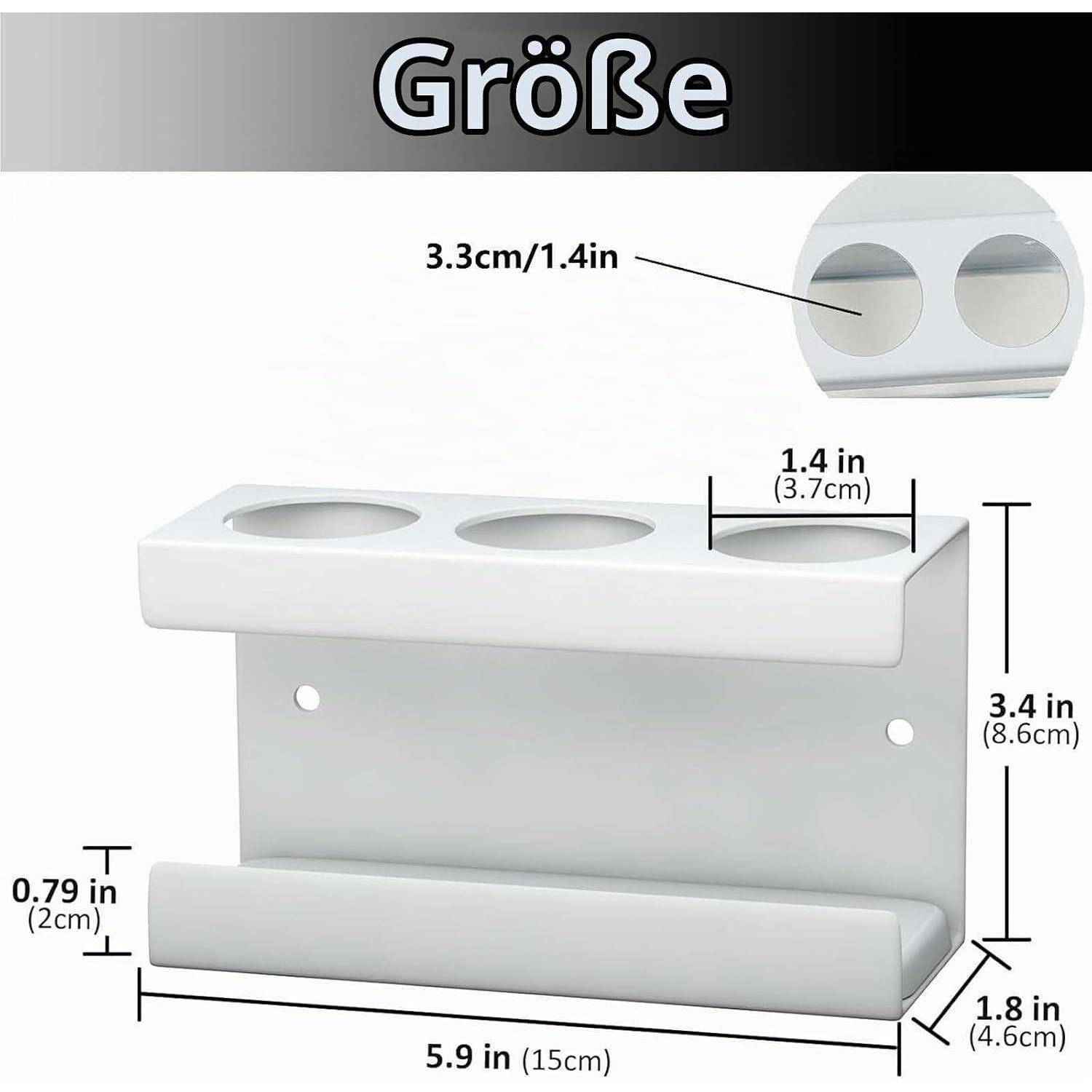 Produktgrößendiagramm mit einem weißen wandmontierten Halter mit drei runden Schlitzen; Abmessungen mit 5,9 Zoll x 3,4 Zoll x 1,8 Zoll gekennzeichnet, mit 1,4 Zoll großen Öffnungen und 0,79 Zoll Sockelhöhe.
