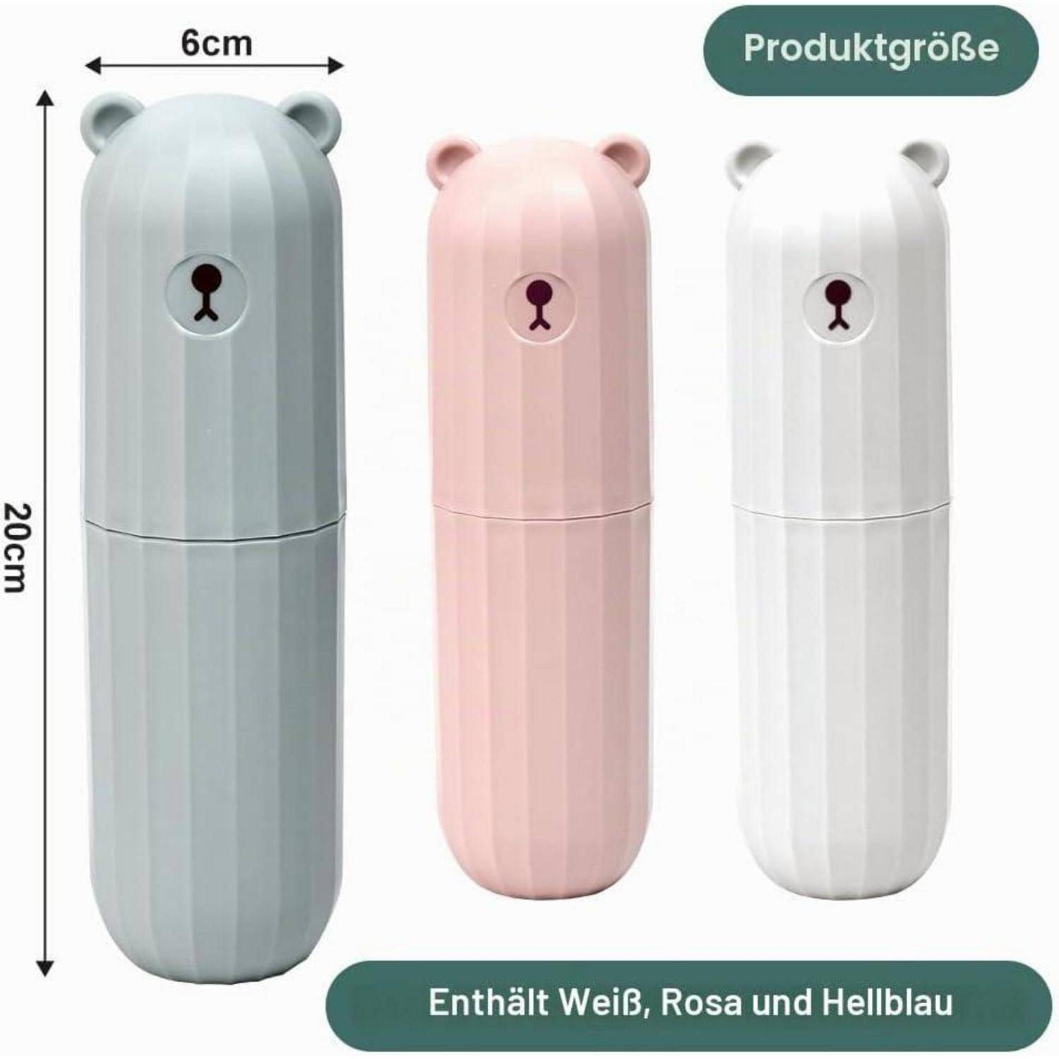 Produktgrößenbild zeigt einen bärenförmigen Behälter, 20 cm groß und 6 cm breit, erhältlich in Hellblau, Rosa und Weiß.