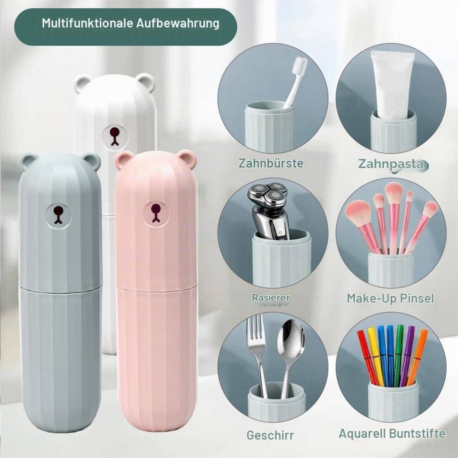Multifunktionale Aufbewahrungsbehälter mit Bärenohren in Grau, Weiß und Rosa, die Zahnbürste, Zahnpasta, Rasierer, Make-up-Pinsel, Utensilien und Buntstifte aufbewahren.