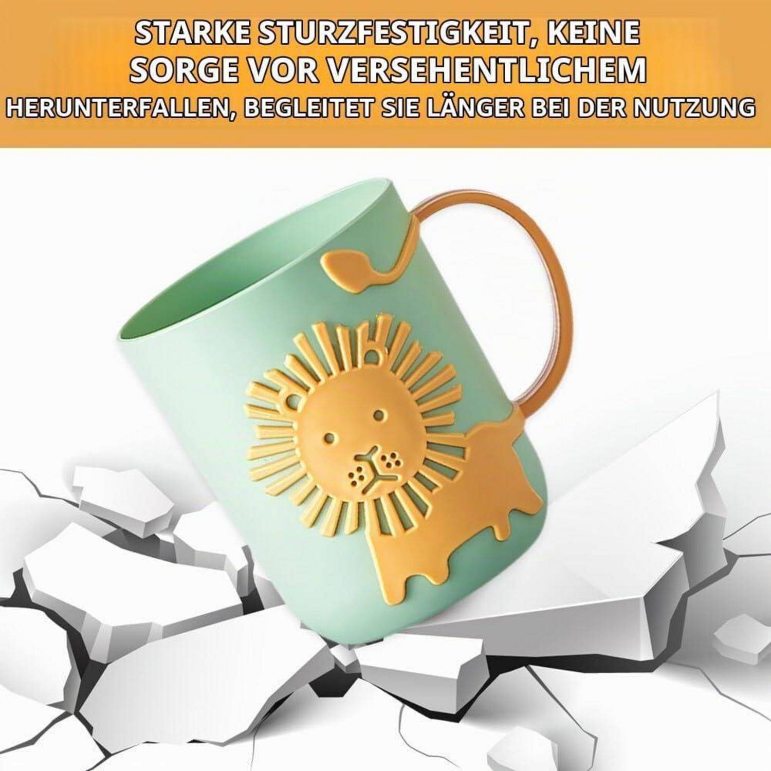 Werbebild einer mintgrünen Tasse mit Löwendesign, die aufrecht steht, nachdem sie durch eine gesprungene weiße Oberfläche gefallen ist; der deutsche Text besagt, dass sie hochbruchfest und langlebig ist.