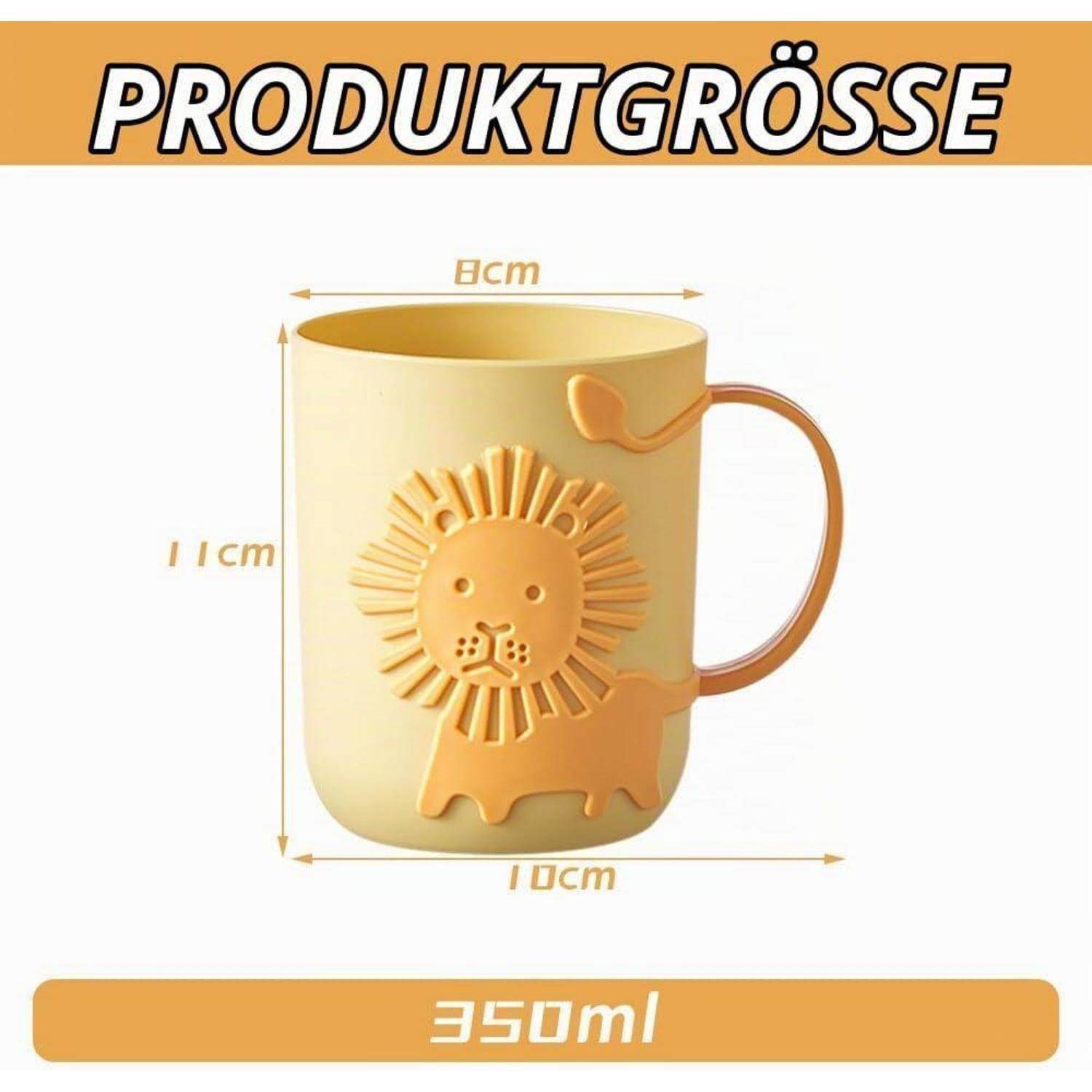Produktgrößen-Grafik zeigt eine Löwengesichts-Tasse, 8 cm breit, 11 cm hoch, 10 cm tief, Fassungsvermögen 350 ml.