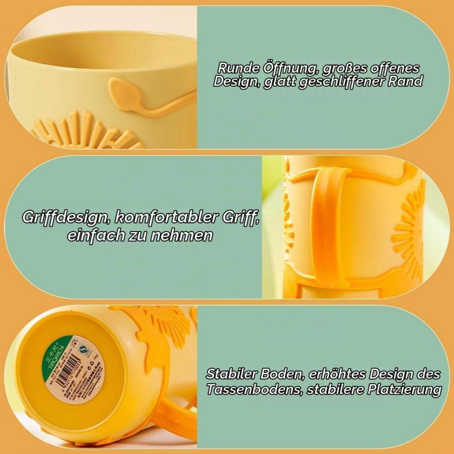 Dreiteiliges Produktgrafik eines gelben Bechers mit Griff, das eine weit geöffnete abgerundete Öffnung, einen komfortablen Griff und einen stabilen erhöhten Boden hervorhebt.