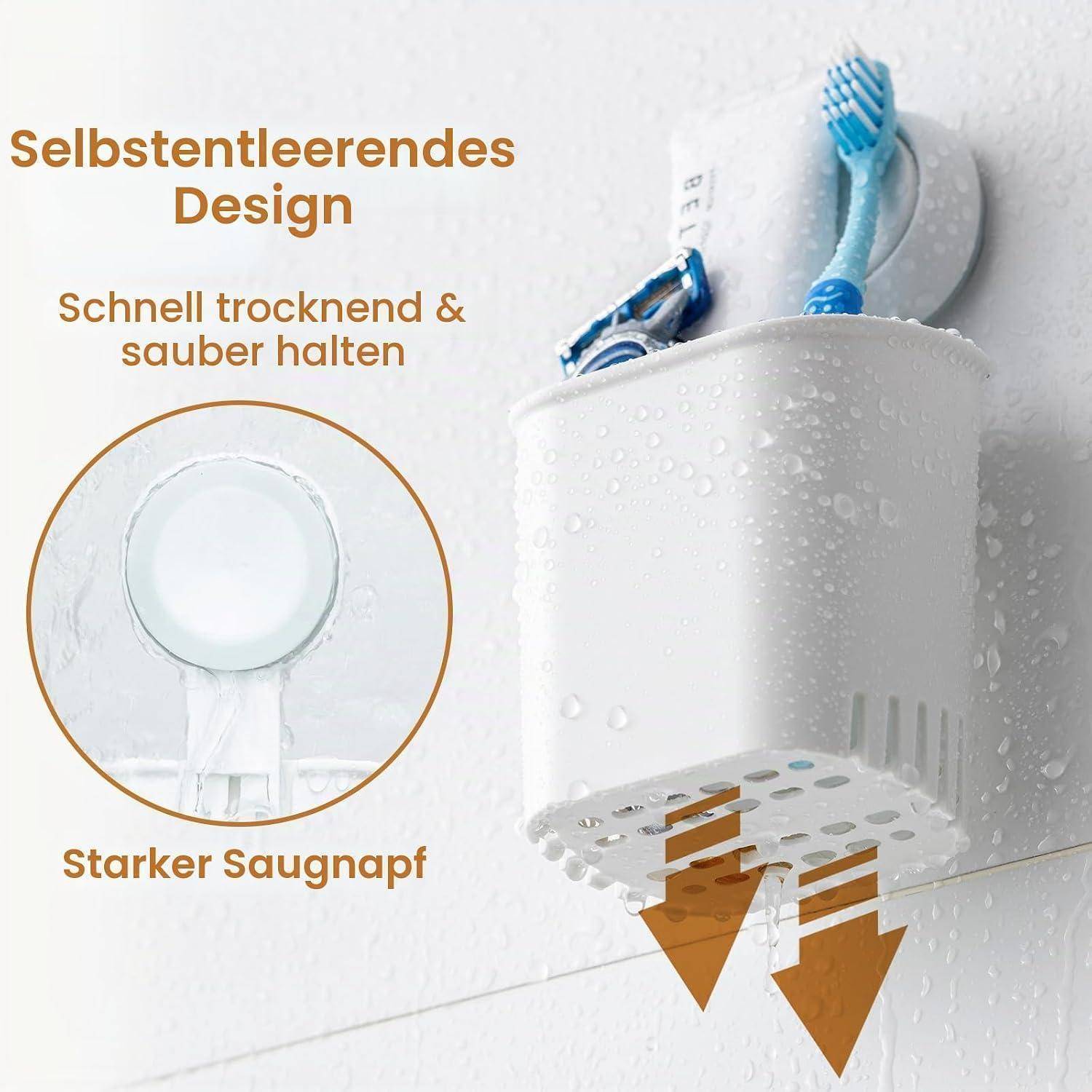 LEVERLOC Zahnputzbecher Wand ohne Bohren, Saugnapf max. 3kg, Grau Plastik | 1s montiert, werkzeuglos, hält 3 kg, hohle Abläufe zum Trocknen, abnehmb