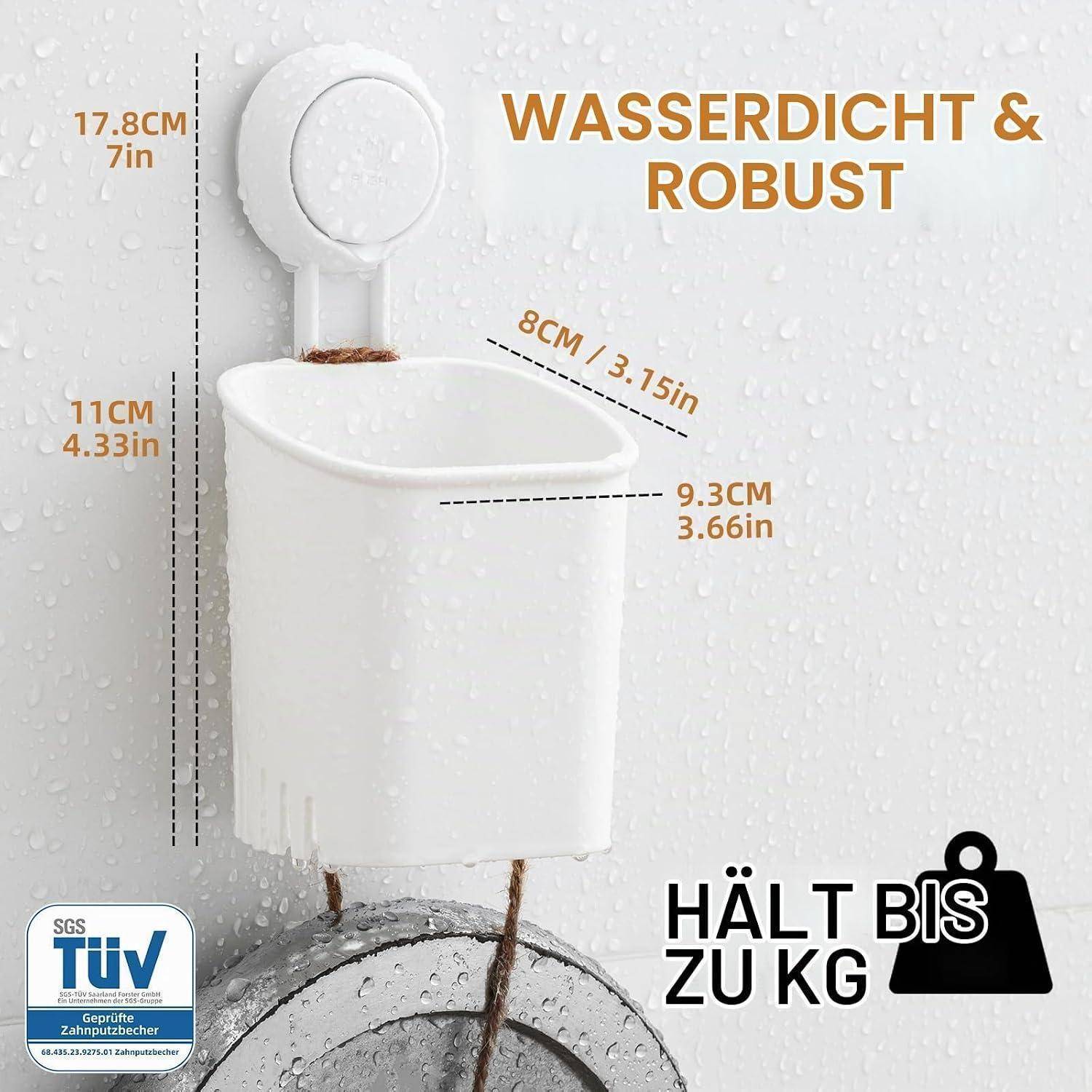 Weißer Saugnapf-Badezimmerbecher holder an feuchter Wand angebracht, beschriftet mit 