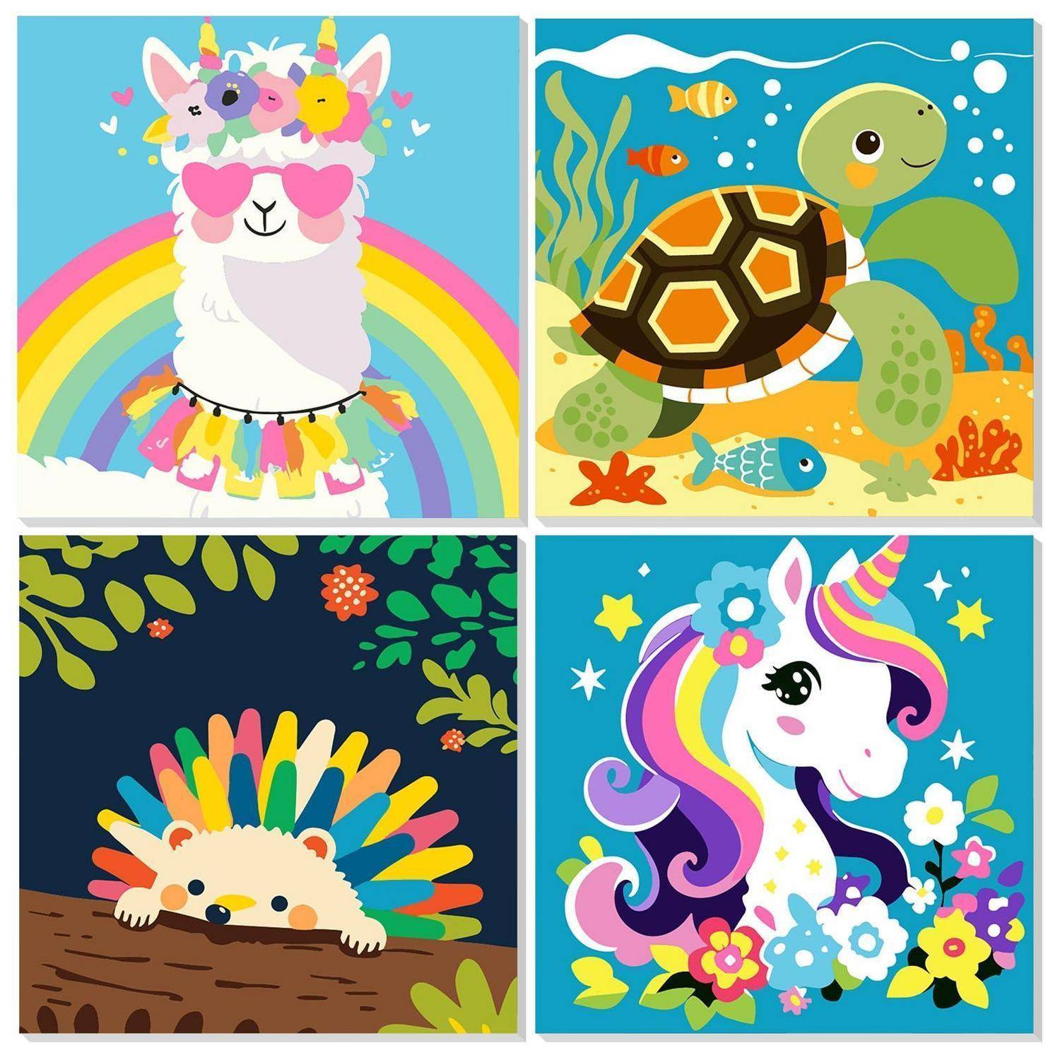 Ein 2x2-Kollage von bunten Cartoon-Tieren: ein Regenbogen-Lama, eine Meeresschildkröte, ein Igel und ein Einhorn, jedes auf einem hellen, verspielten Hintergrund.