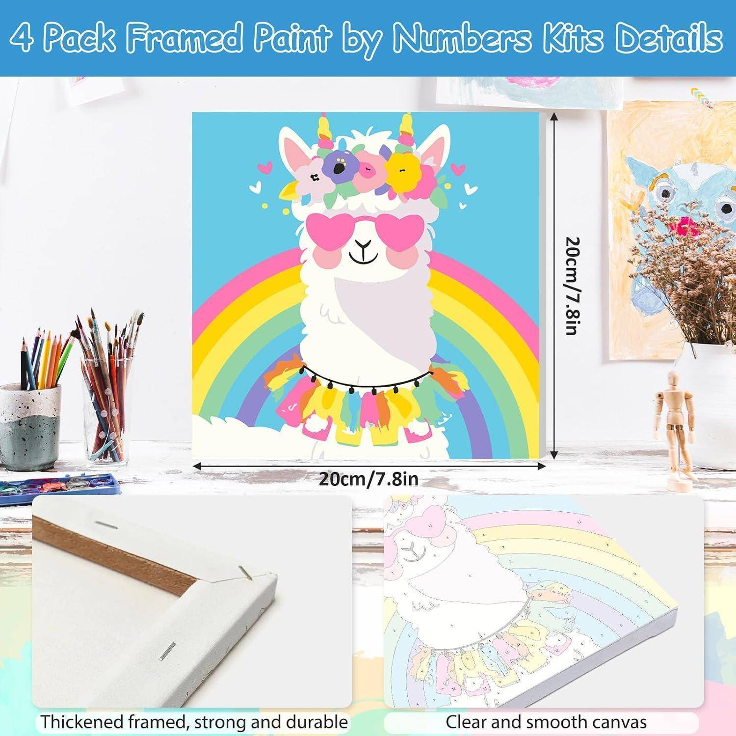 4er-Set gerahmtes Malen-nach-Zahlen-Set mit einer 20 cm großen quadratischen Einhorn-Regenbogen-Leinwand, mit Rahmen, verdickten Keilrahmen und glatter Leinwandoberfläche.