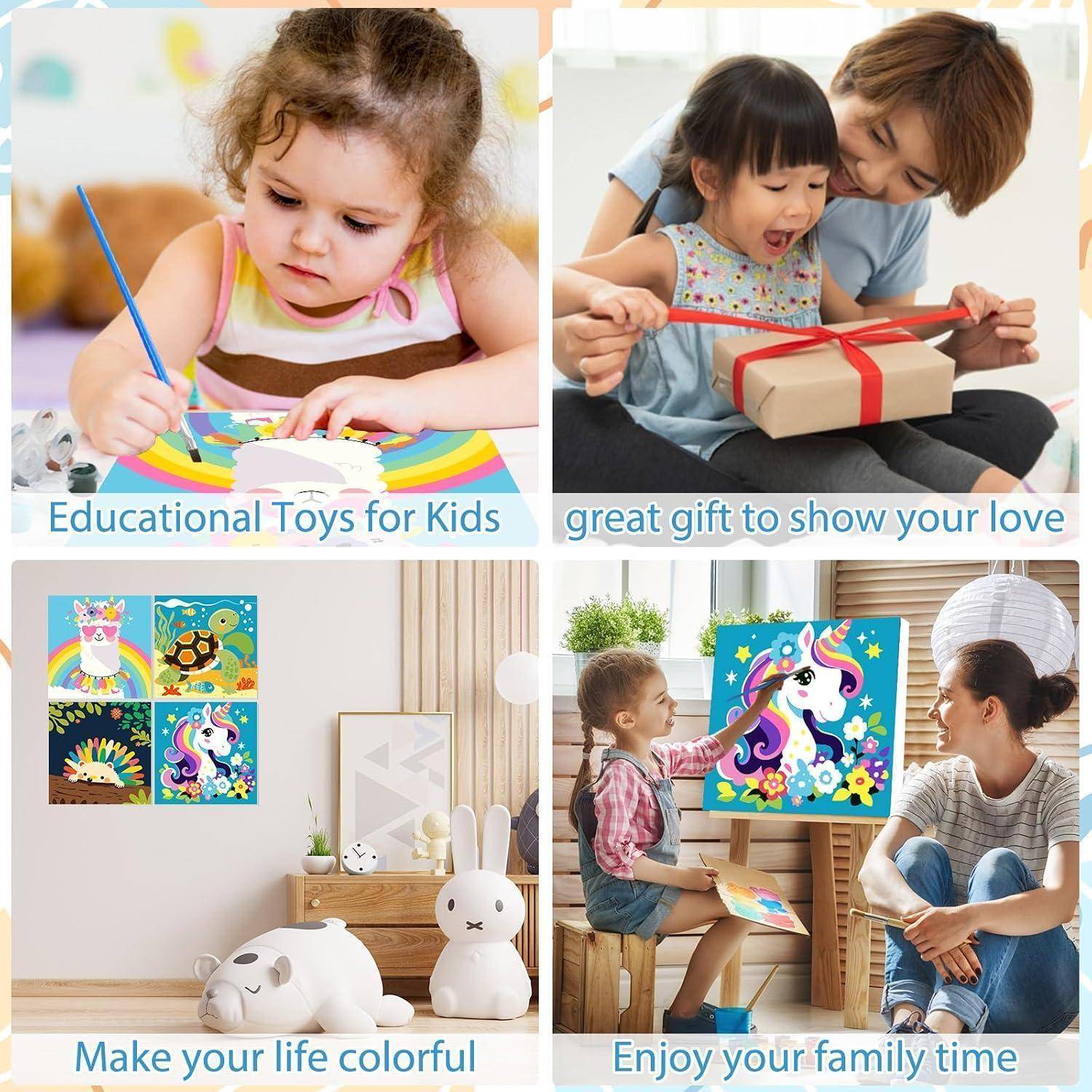 Vier-Panel-Spielzeugwerbung: Kind malt, Elternteil und Kind öffnen ein Geschenk, farbenfrohe Wandkunst in einem Zimmer und Familie malt zusammen mit Bildunterschriften.
