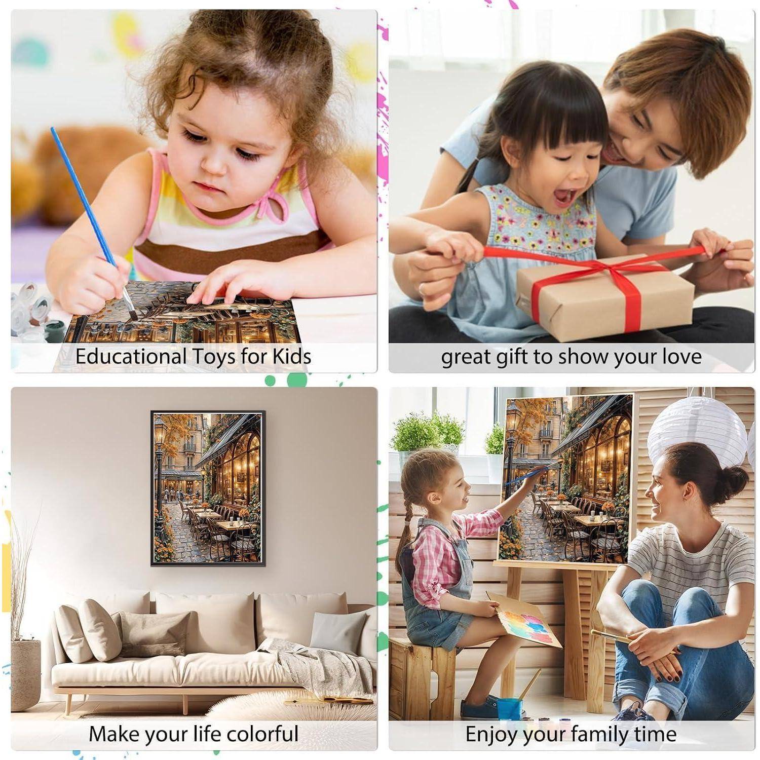 Vierfeld-Collage: Kind beim Zeichnen, Mutter und Kind öffnen ein Geschenk, Wohnzimmer mit farbenfroher Wandkunst, und Familie malt gemeinsam.