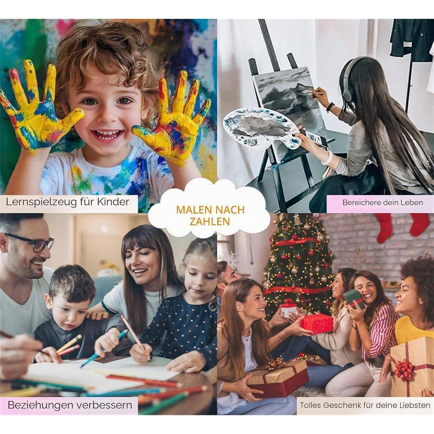 Collage zur Bewerbung von Malen nach Zahlen: lachendes Kind mit bemalten Händen, Frau, die an einer Staffelei malt, Familien, die basteln und Geschenke austauschen, mit deutschem Text „MALEN NACH ZAHLEN