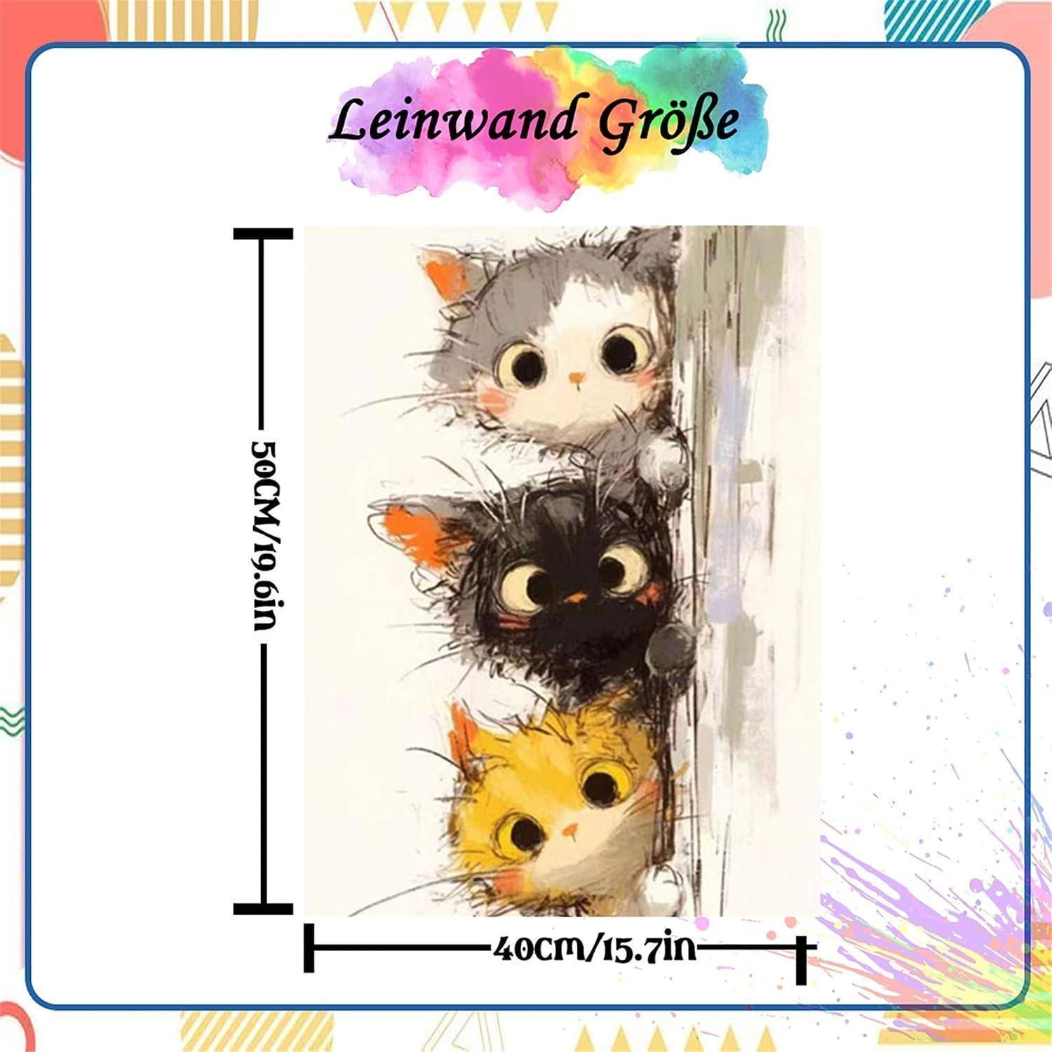 Plakat mit drei übereinander gestapelten Cartoon-Katzen, mit der Beschriftung „Leinwand Größe