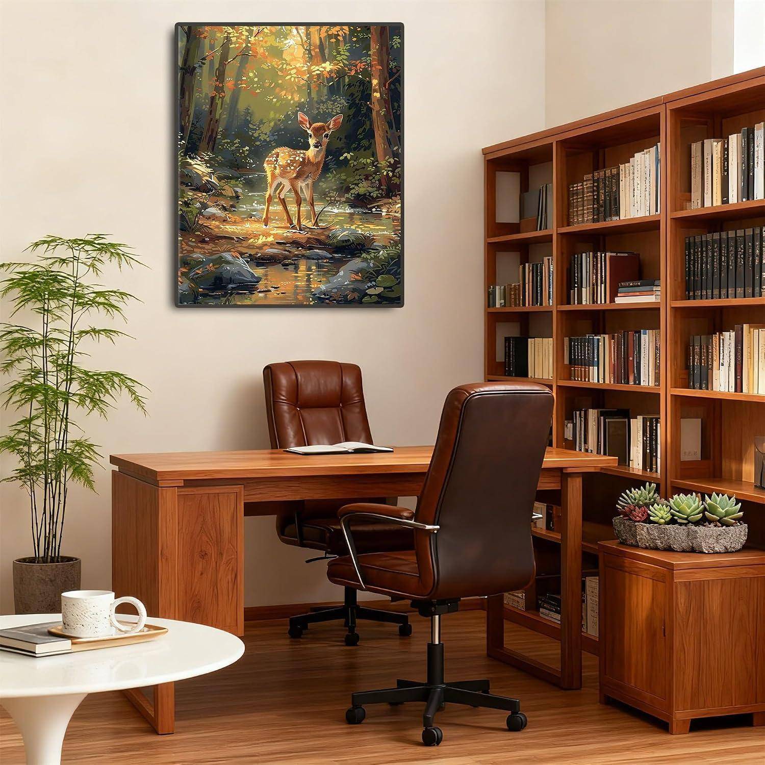 Ein ruhiges Büro mit zwei Lederstühlen, einem Holzschreibtisch, Bücherregalen, einer Topfpflanze und einem Hirschgemälde an der Wand.
