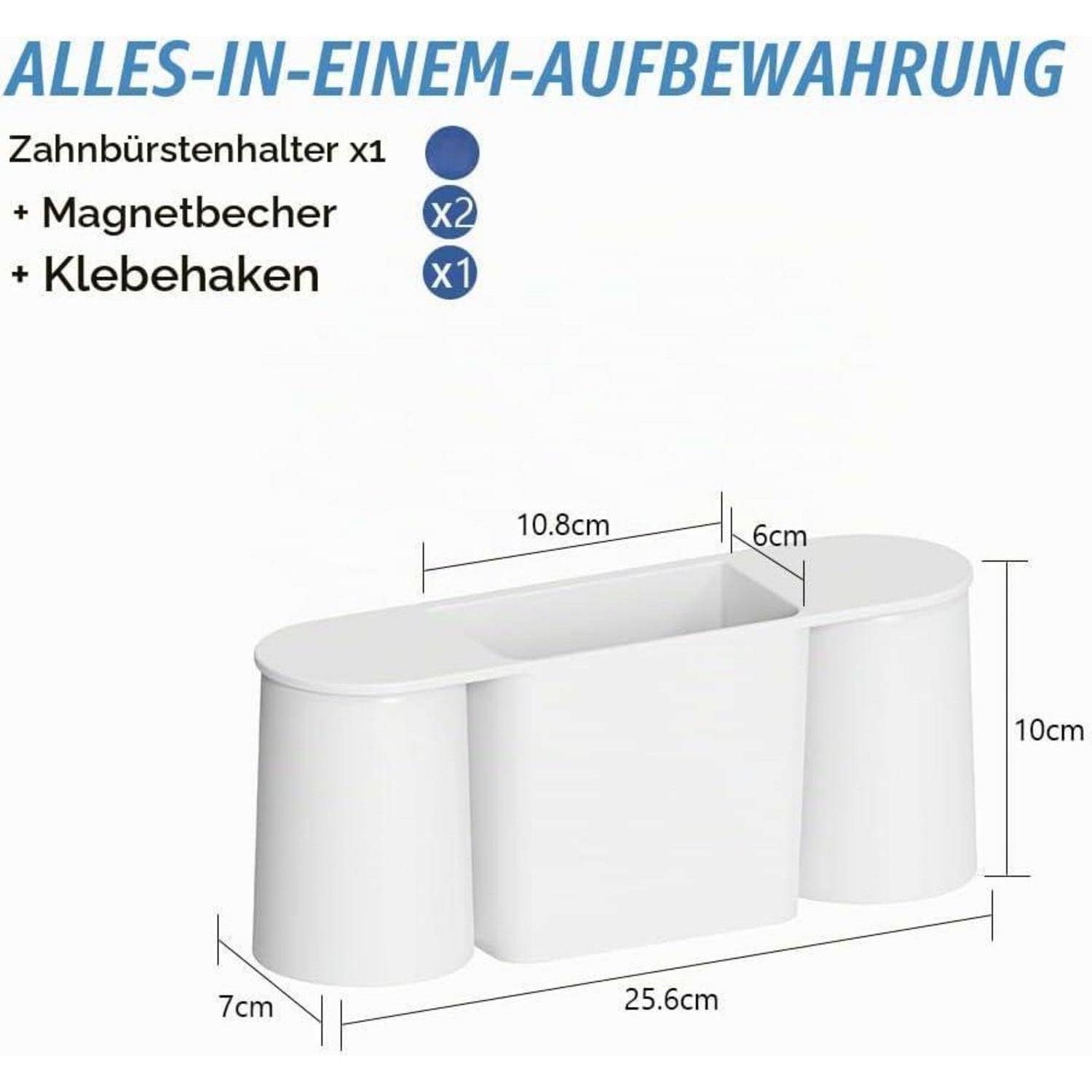 Diagramm eines weißen Badezimmerorganizers mit enthaltenen Artikeln: Zahnbürstenhalter x1, Magnetbecher x2, Klebehaken x1, mit Abmessungen 25,6 x 7 x 10 cm.