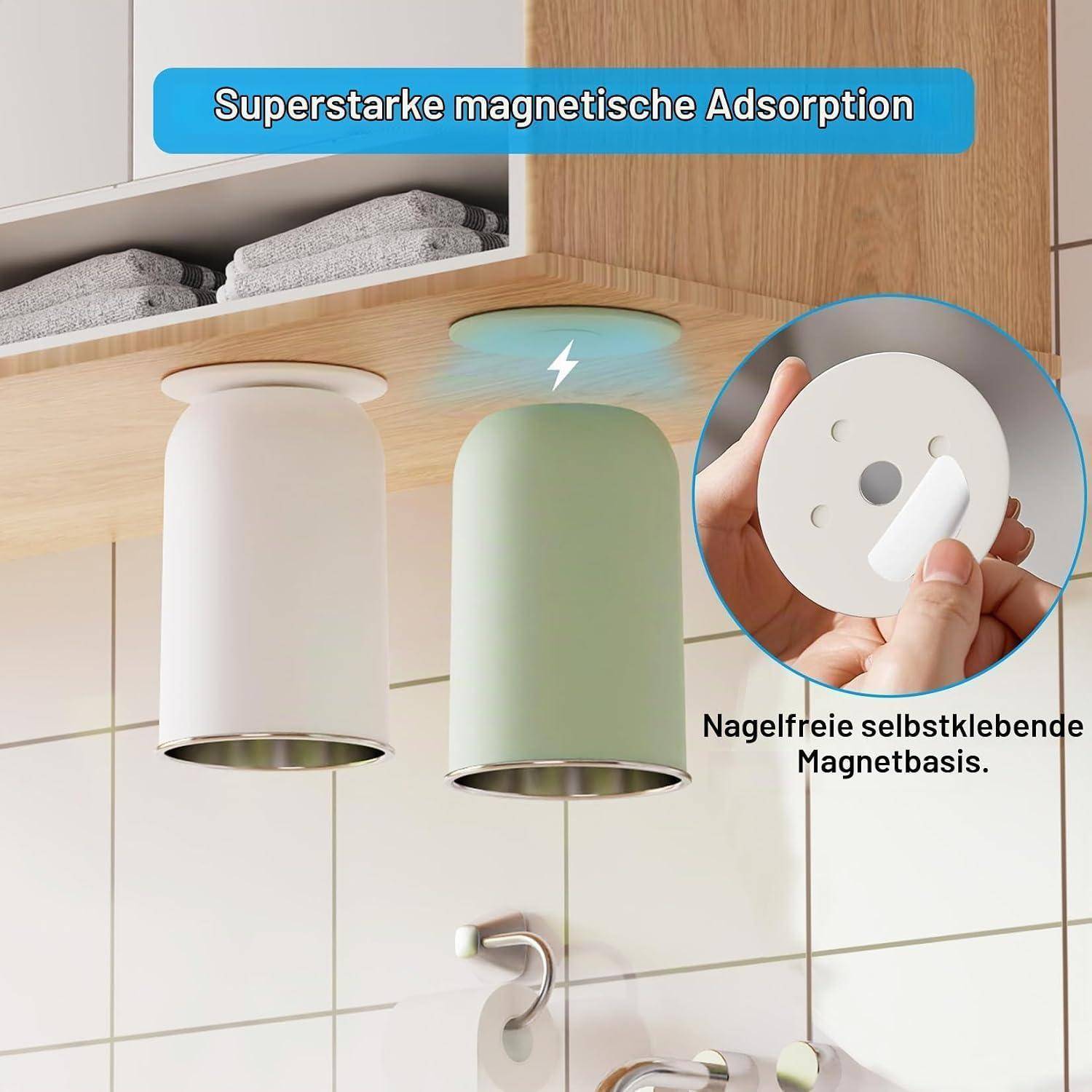 Zwei magnetische wandmontierte Zylinder im Badezimmer, mit Text, das 