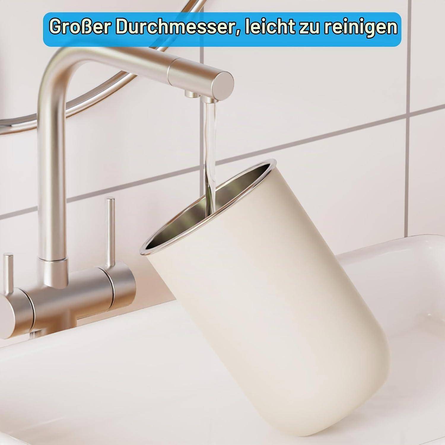 Edelstahl-Küchenarmatur, die eine weiße Tasse unter fließendem Wasser füllt, mit Text, der sagt: „Großer Durchmesser, leicht zu reinigen