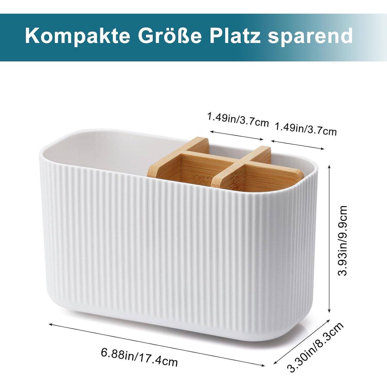 Kompakter weißer gerippter Aufbewahrungsbehälter mit Holztrennereinsatz, auf Deutsch als platzsparend bezeichnet; Abmessungen angegeben: 6,88 x 3,30 x 3,93 Zoll.