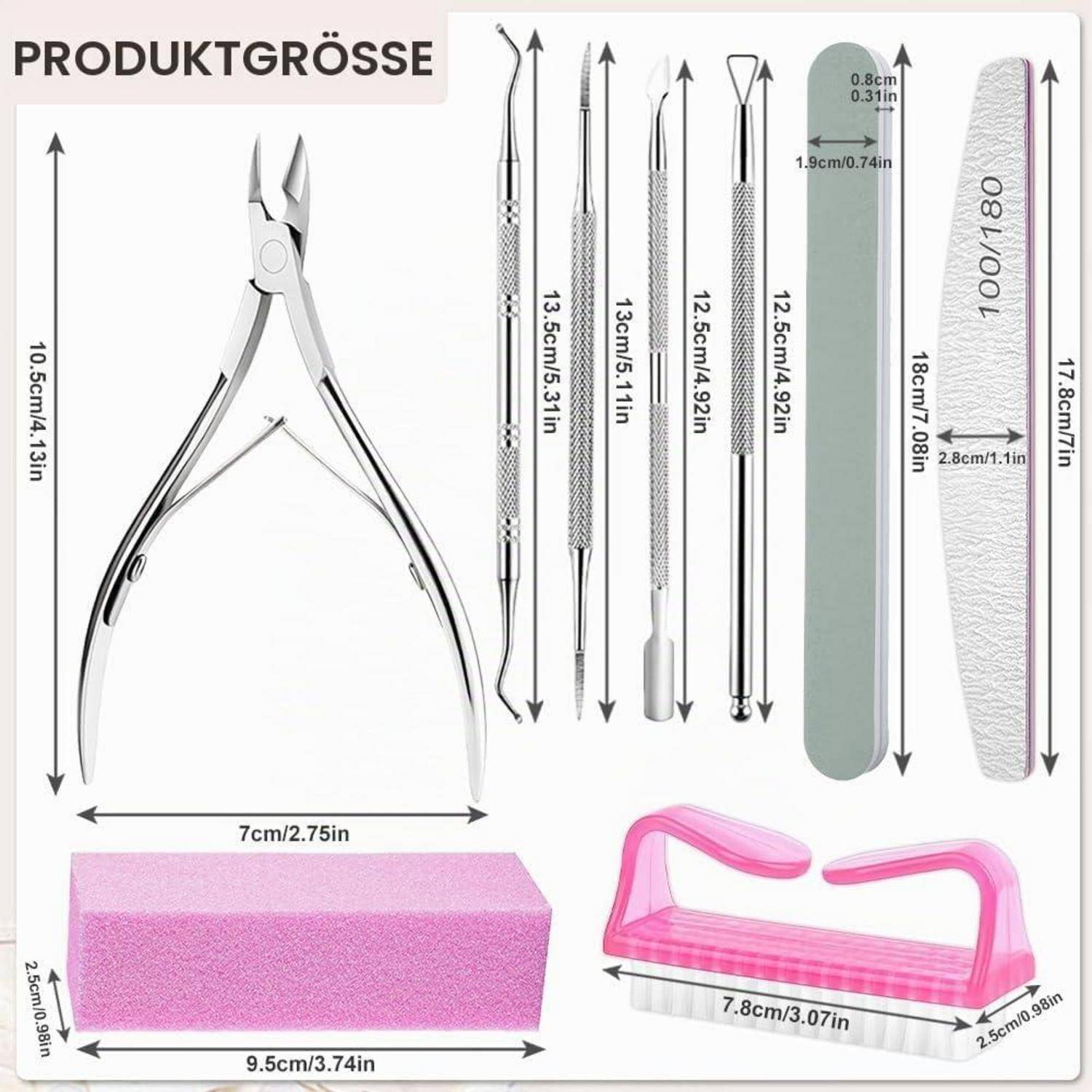 Größentabelle für Produkte, die einen Nagelknipser-Set und Zubehör mit Messungen für jedes Werkzeug und Block zeigt.