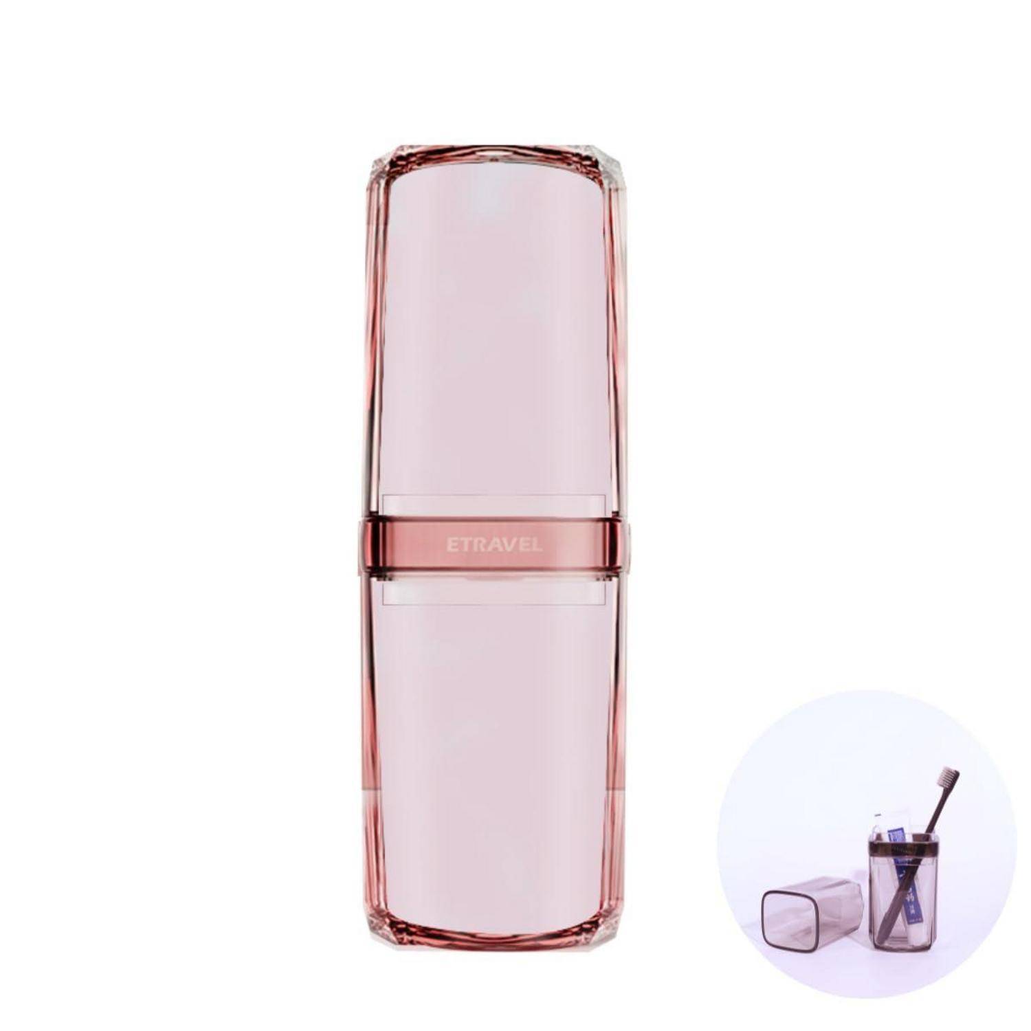 Rosa durchscheinender ETtravel Reisegröße-Behälter oder Flasche mit passendem Deckel, in Vorderansicht auf weißem Hintergrund dargestellt, mit einem kleinen Ausschnitt, das seine Verwendung zusammen mit anderen Gegenständen zeigt.