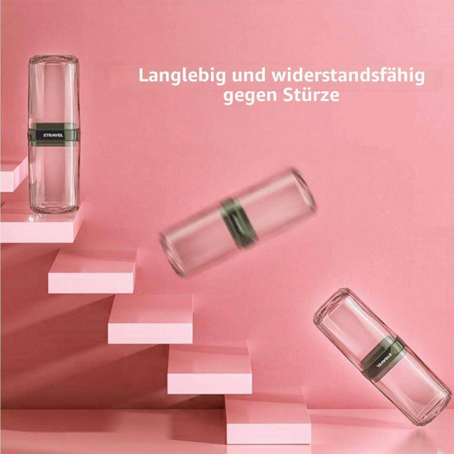 Anzeige, die eine langlebige Glasflasche zeigt, die Stürze auf rosa Treppen übersteht, mit deutschem Text „Langlebig und widerstandsfähig gegen Stürze