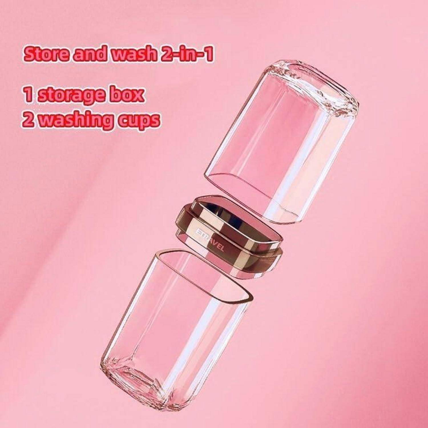Anzeige für ein rosa Produkt, das einen stapelbaren transparenten Behälter mit der Aufschrift „Store and wash 2-in-1