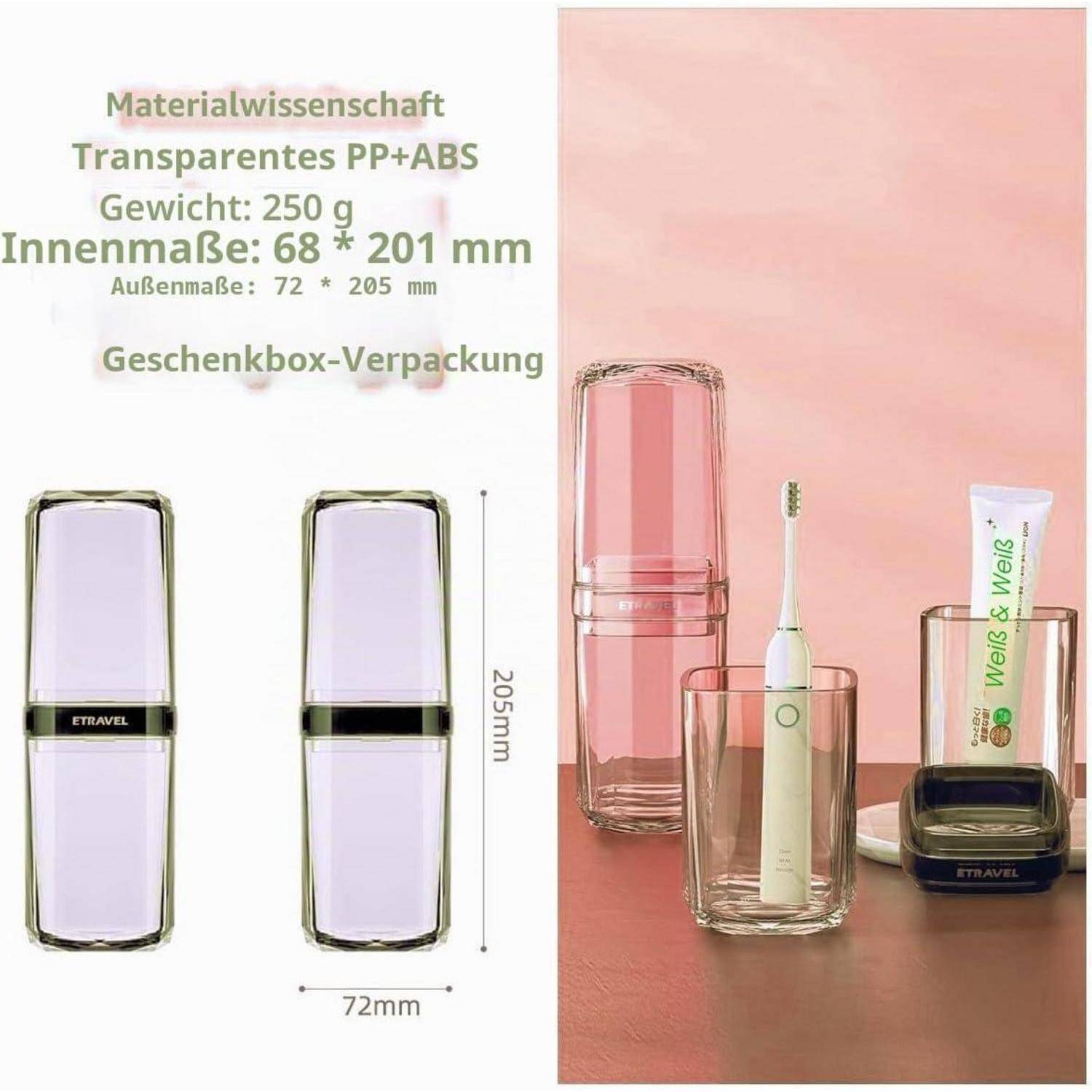 Produktbild einer transparenten PP+ABS-Reisekoffer-Verpackung, gekennzeichnet mit 250 g, Innengröße 68 x 201 mm, Außengröße 72 x 205 mm, abgebildet mit einer Zahnbürste, Tube und Becher im Inneren.