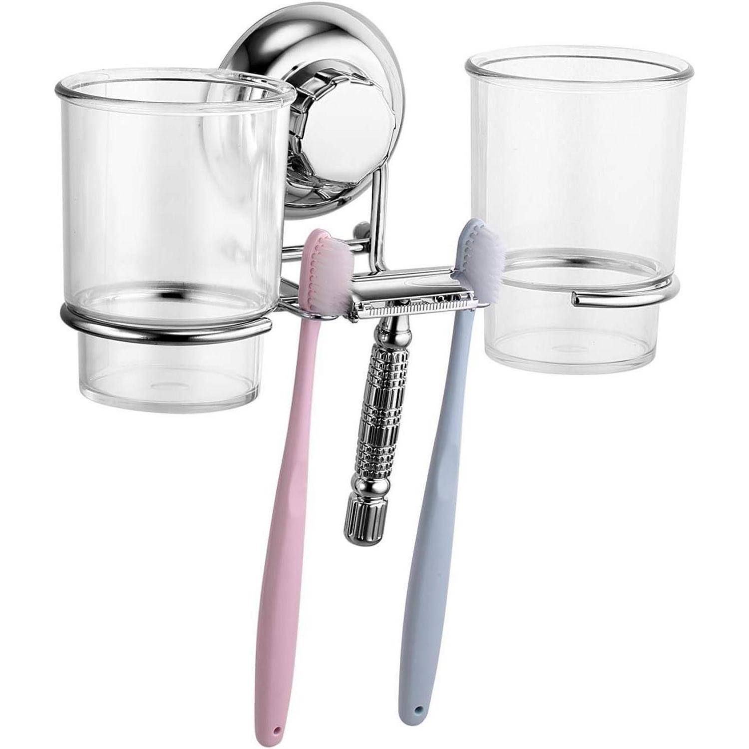 Chrom-Badezimmer-Wandhalter mit zwei Glastassen und einem integrierten Schlitz für zwei Zahnbürsten.