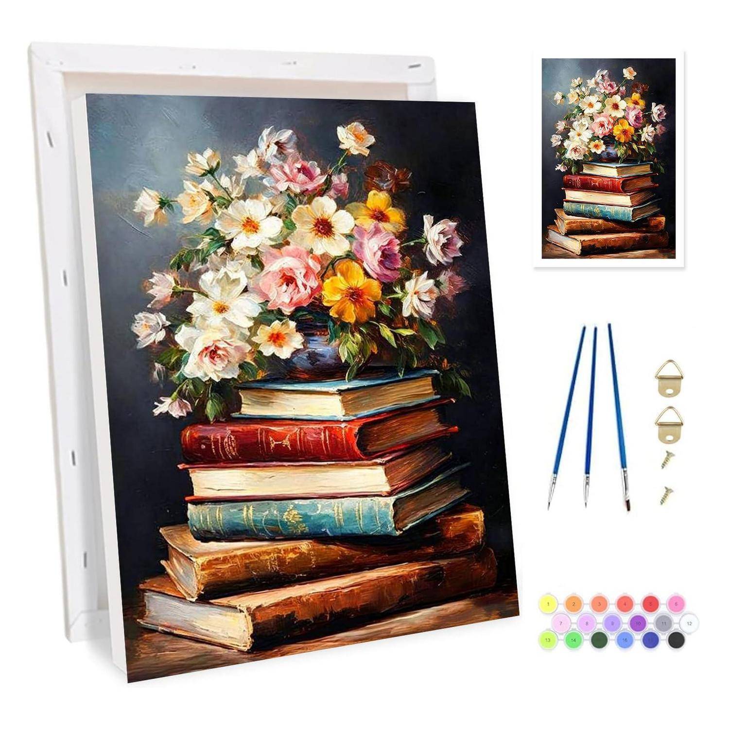 Leinwandgemälde eines Blumenstraußes in einer Vase auf einem Stapel Bücher, mit beigefügten Pinseln, Aufhängehardware und Farbpunkten als Malen-nach-Zahlen-Set.