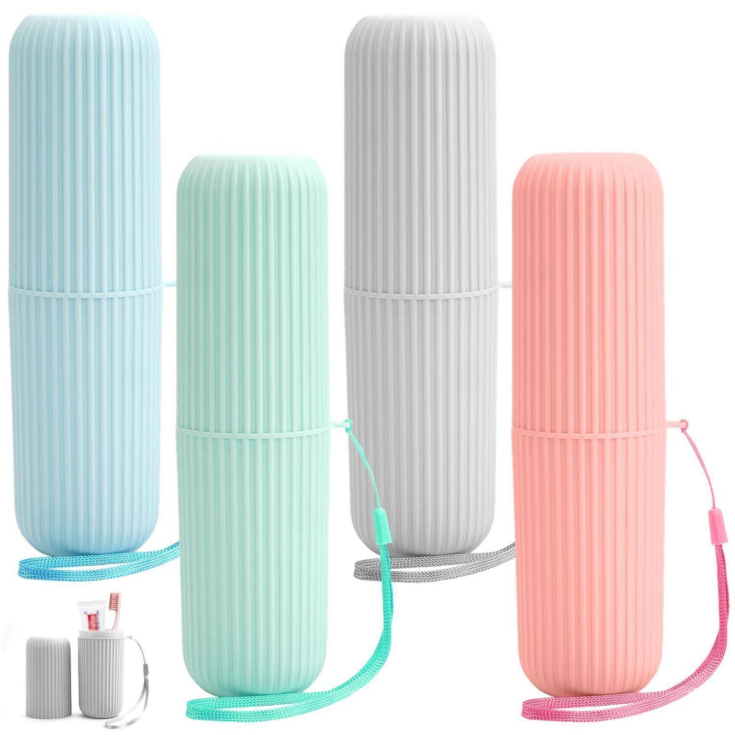 Vier gerippte zylindrische Gehäuse in Pastellblau, Mint, Grau und Rosa mit passenden Handgelenkschlaufen, dargestellt als Produktverpackung